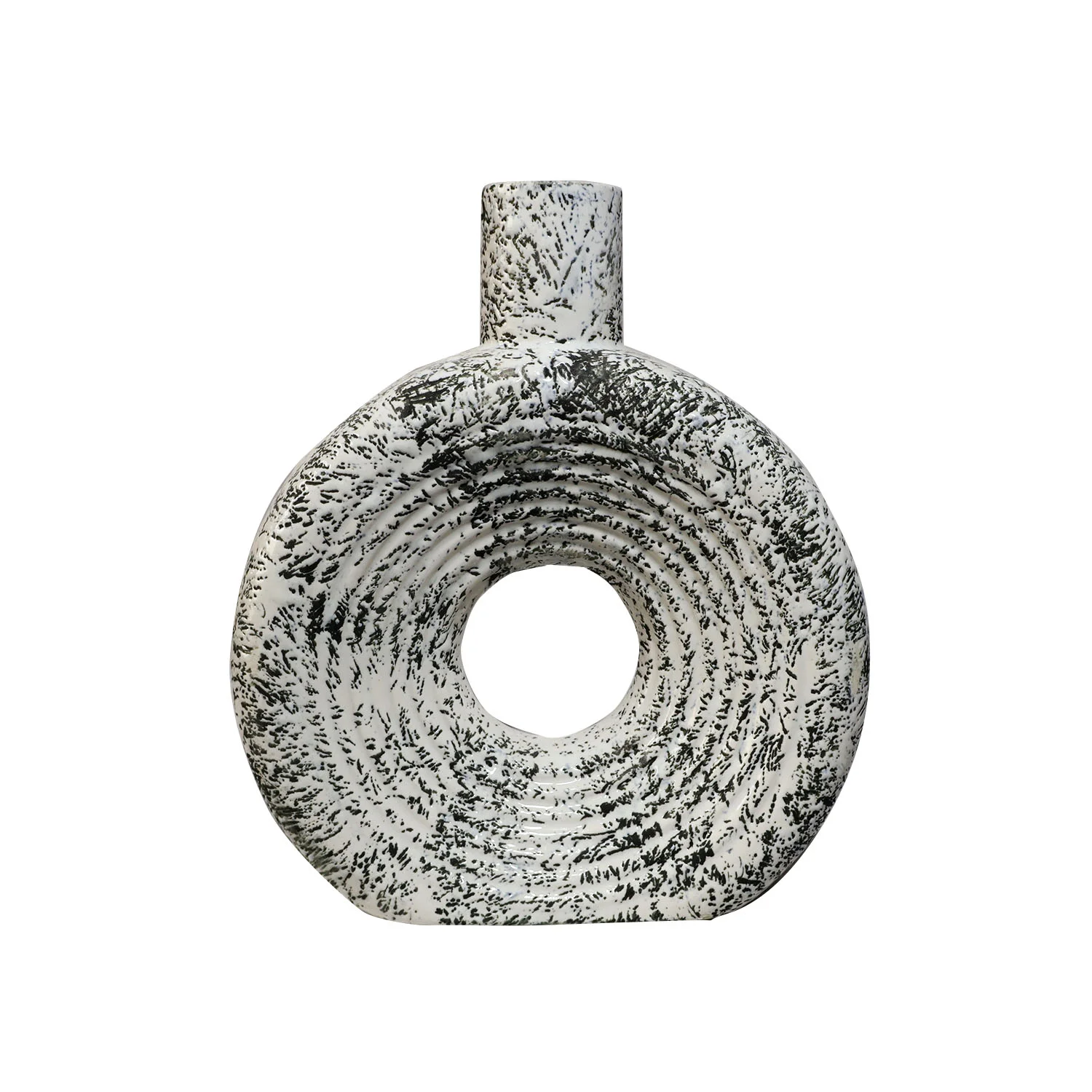 ArtistryBazaar 5"L x 7"W x 8"H inch rough textured vase with bold black patches, circular donut form, and narrow neck—a pure ceramic piece for your décor collection.