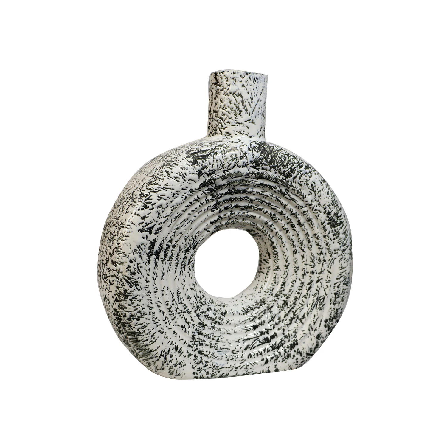 ArtistryBazaar 5"L x 7"W x 8"H inch rough textured vase with bold black patches, circular donut form, and narrow neck—a pure ceramic piece for your décor collection.