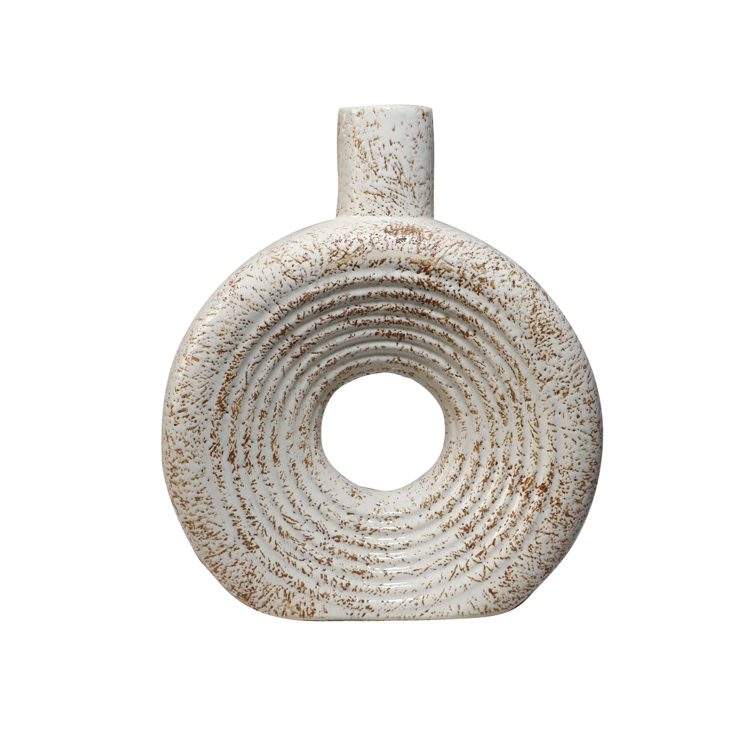ArtistryBazaar 5"L x 7"W x 8"H inch handmade ceramic donut-shaped vase, off-white and light brown finish, hollow from the centre, a lightweight, stylish accent for your living or work space.