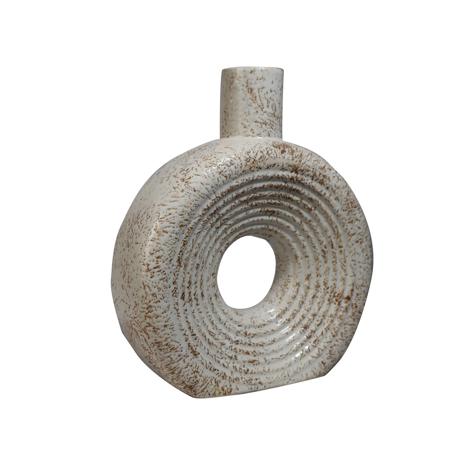 ArtistryBazaar 5"L x 7"W x 8"H inch handmade ceramic donut-shaped vase, off-white and light brown finish, hollow from the centre, a lightweight, stylish accent for your living or work space.