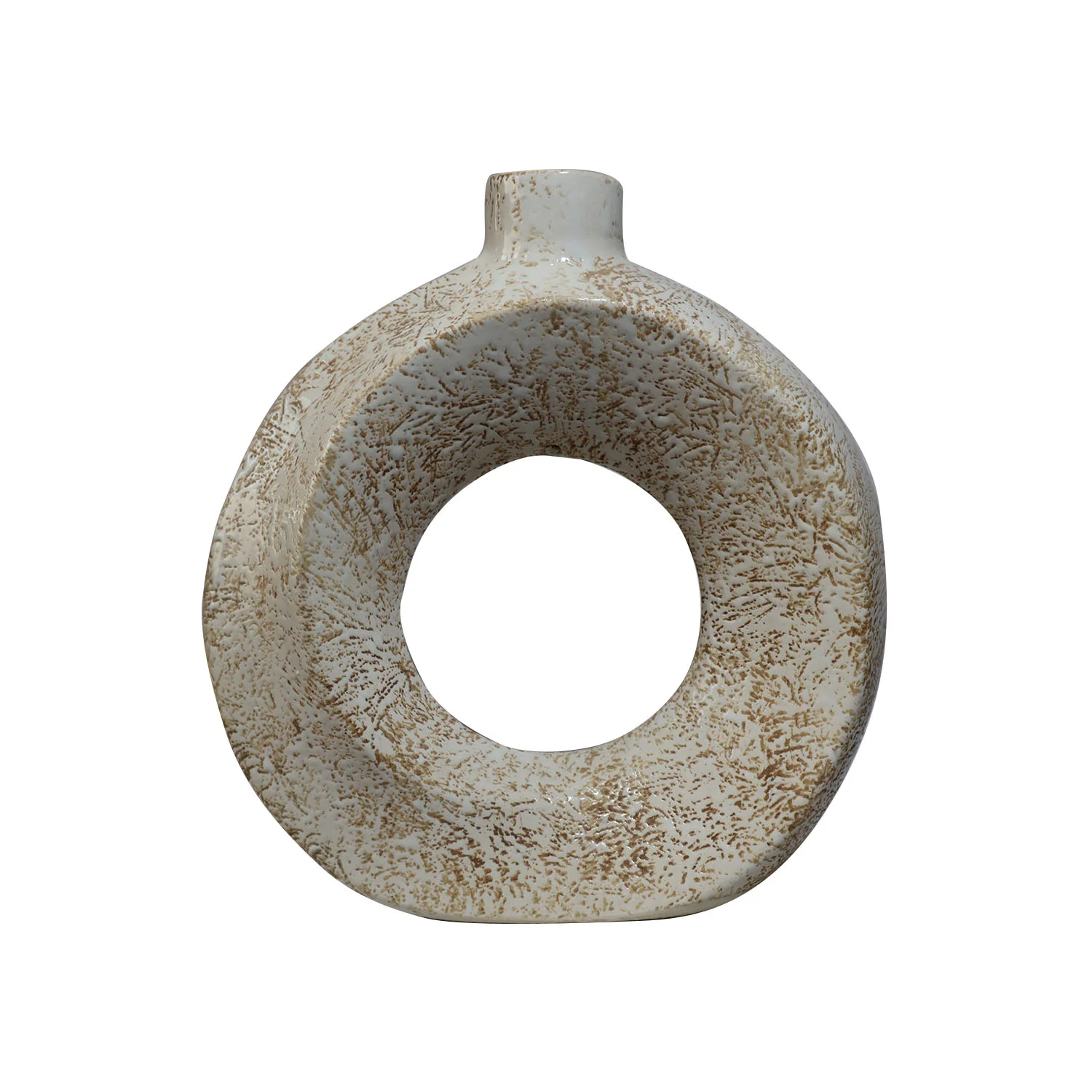 ArtistryBazaar 2.5"L x 8"W x 8.5"H inch handmade round ceramic ring vase, lightweight off-white vase with light brown accent, perfect for any room or interior.