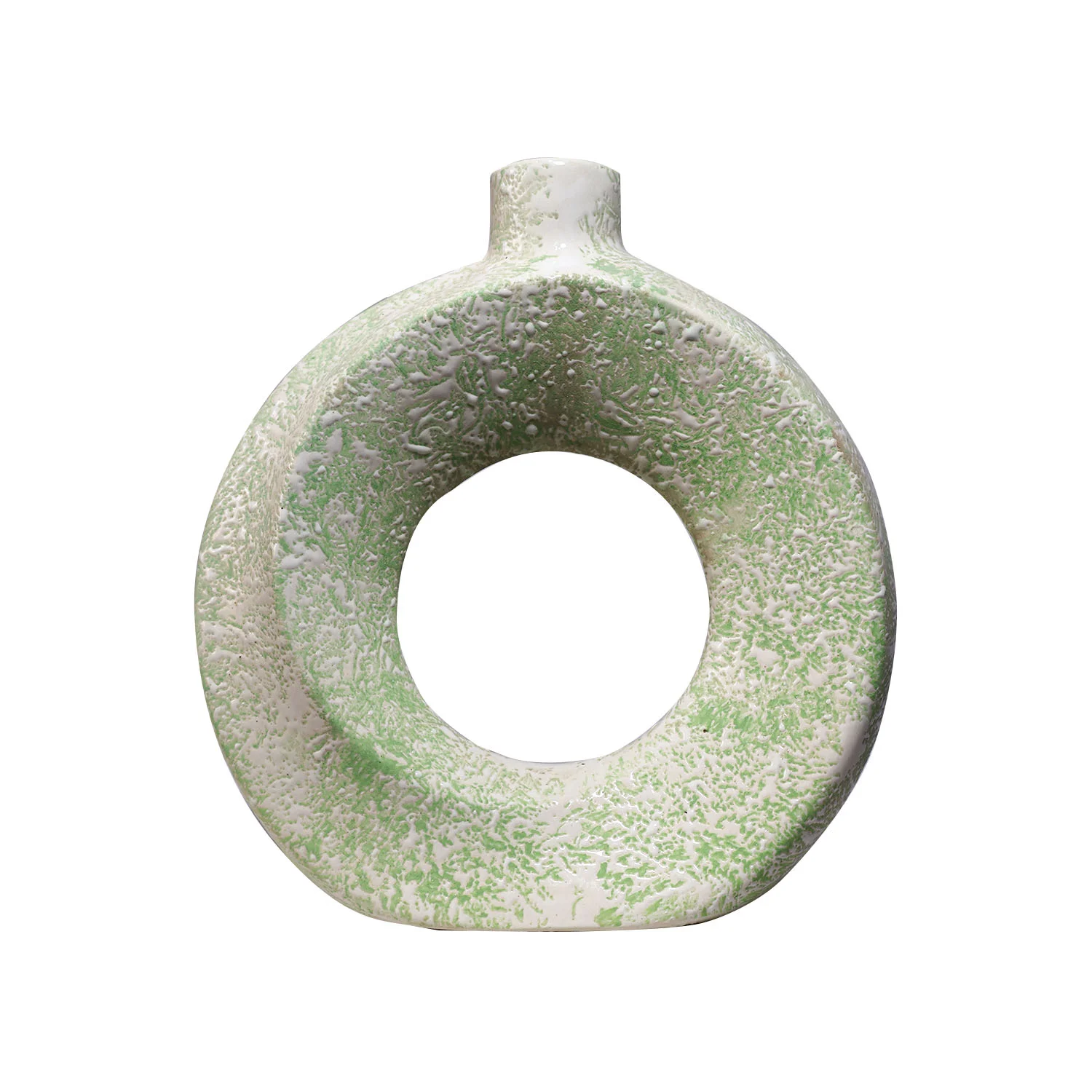 ArtistryBazaar 2.5"L x 8"W x 8.5"H inch ceramic made ring vase, crafted by artisans, compact design with off-white color at base and beautiful green patches on top.