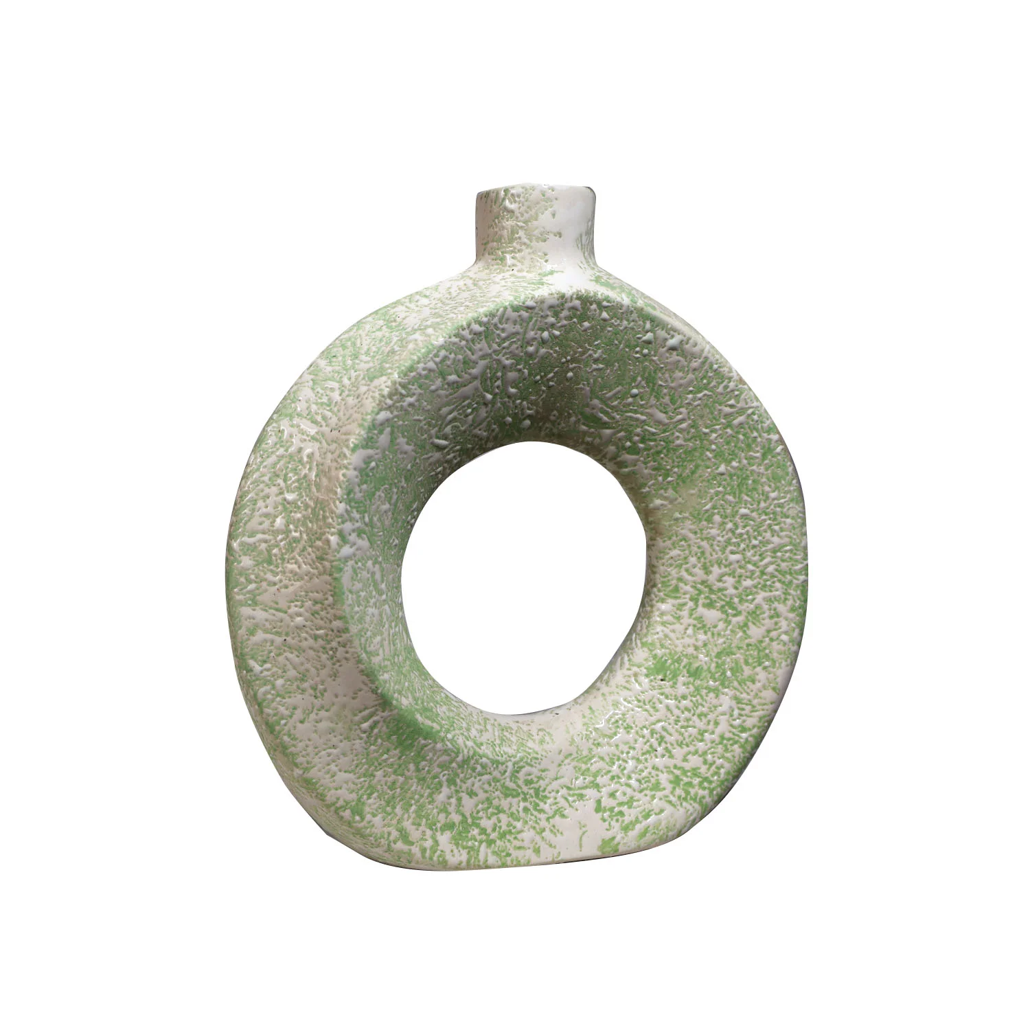 ArtistryBazaar 2.5"L x 8"W x 8.5"H inch ceramic made ring vase, crafted by artisans, compact design with off-white color at base and beautiful green patches on top.
