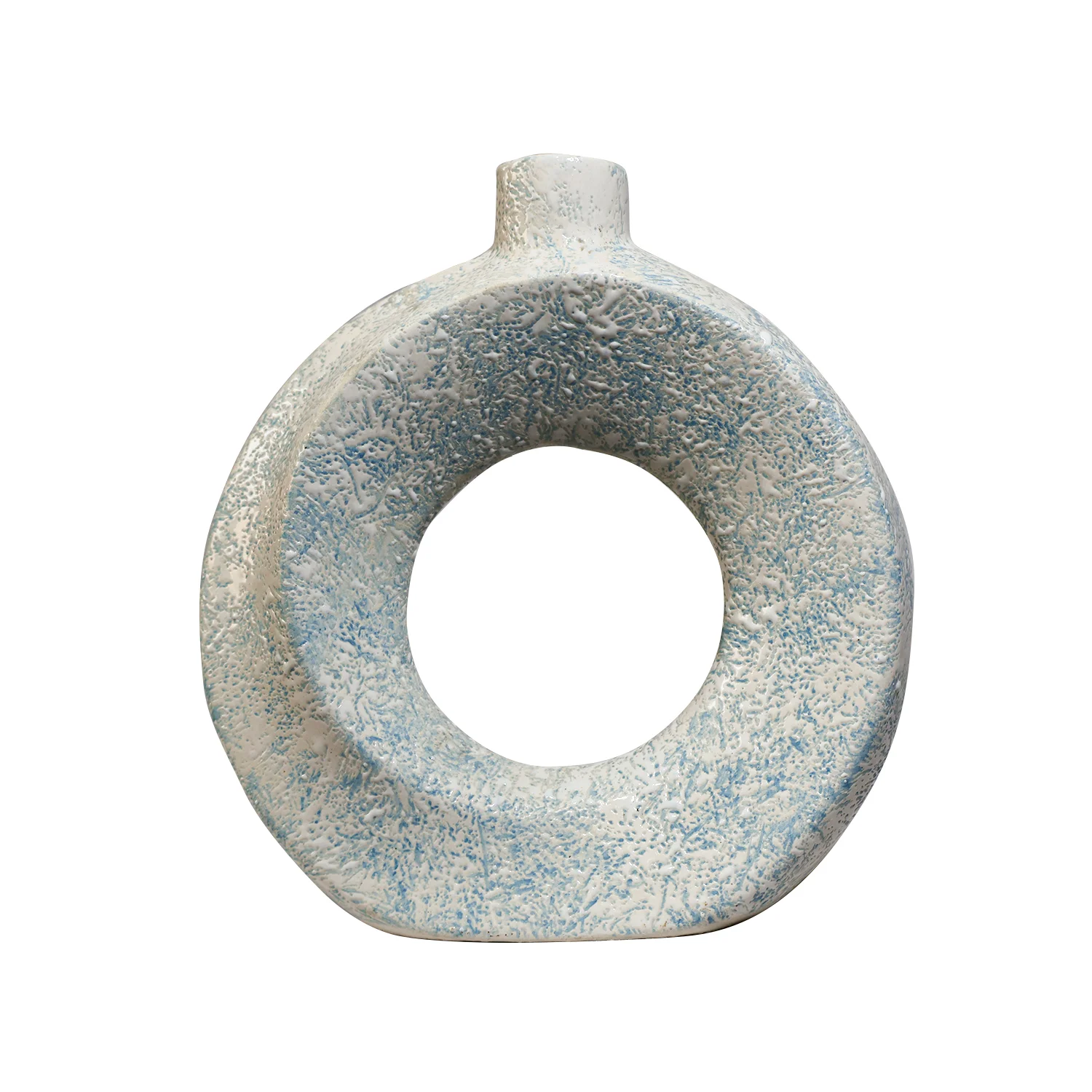 ArtistryBazaar 2.5"L x 8"W x 8.5"H inch fully handmade ceramic ring vase, hollow from the middle, narrow neck at top, off-white and light blue pure masterpiece.