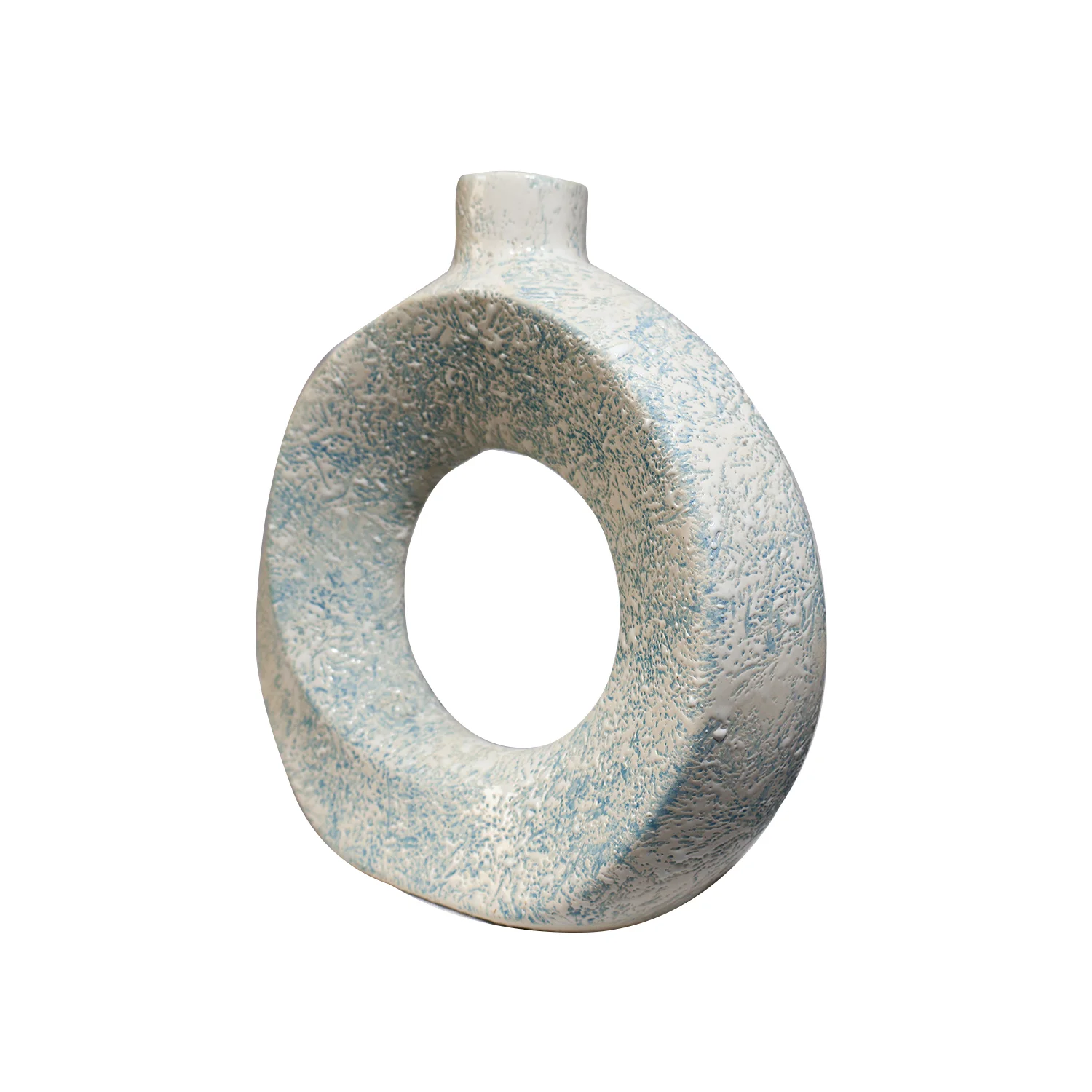 ArtistryBazaar 2.5"L x 8"W x 8.5"H inch fully handmade ceramic ring vase, hollow from the middle, narrow neck at top, off-white and light blue pure masterpiece.