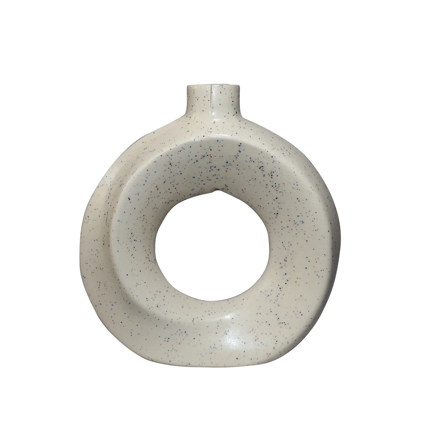 ArtistryBazaar 2.5"L x 8"W x 8.5"H inch creamy ceramic ring vase with handmade decor accent of multiple black dots, lightweight & perfectly sized for small spaces.