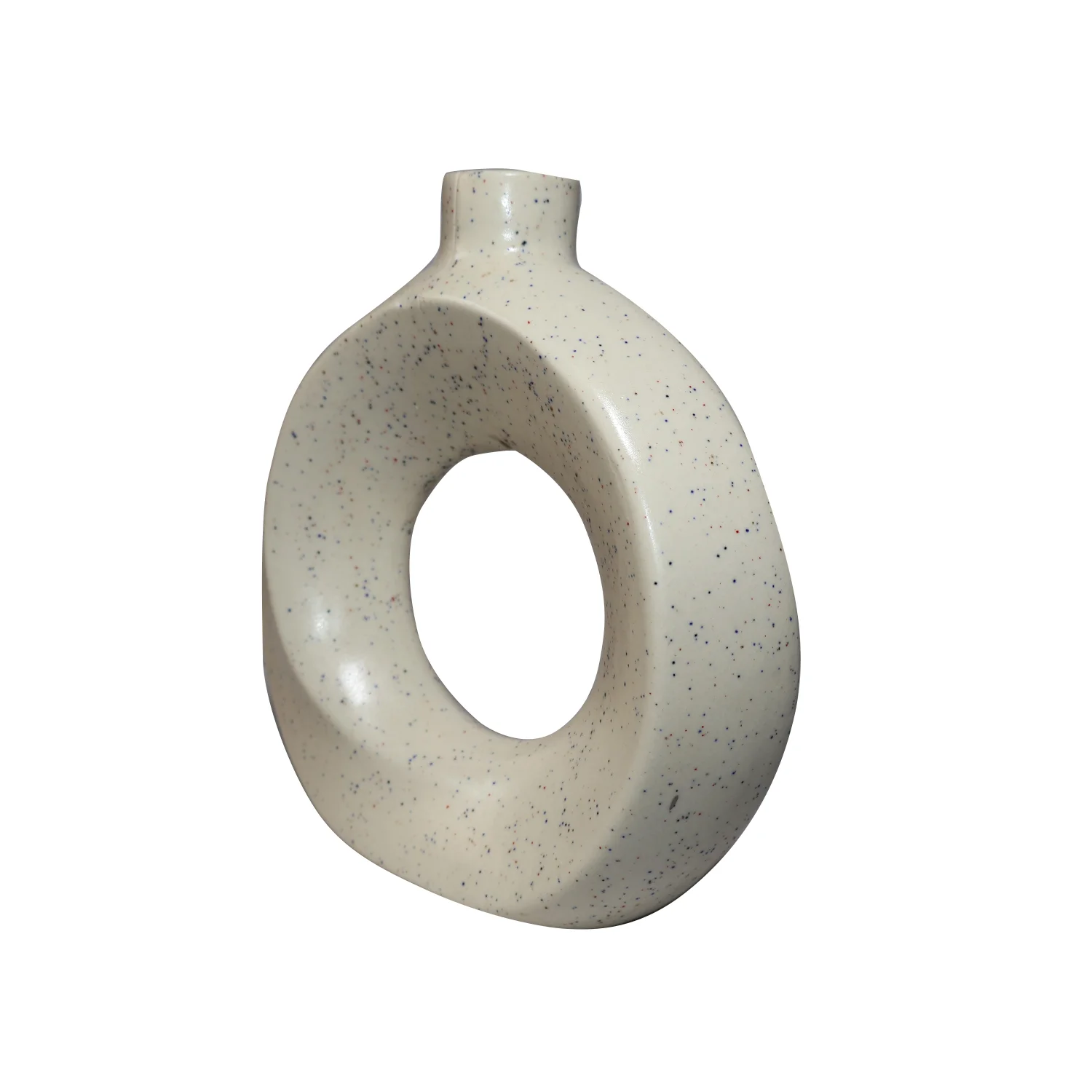 ArtistryBazaar 2.5"L x 8"W x 8.5"H inch creamy ceramic ring vase with handmade decor accent of multiple black dots, lightweight & perfectly sized for small spaces.