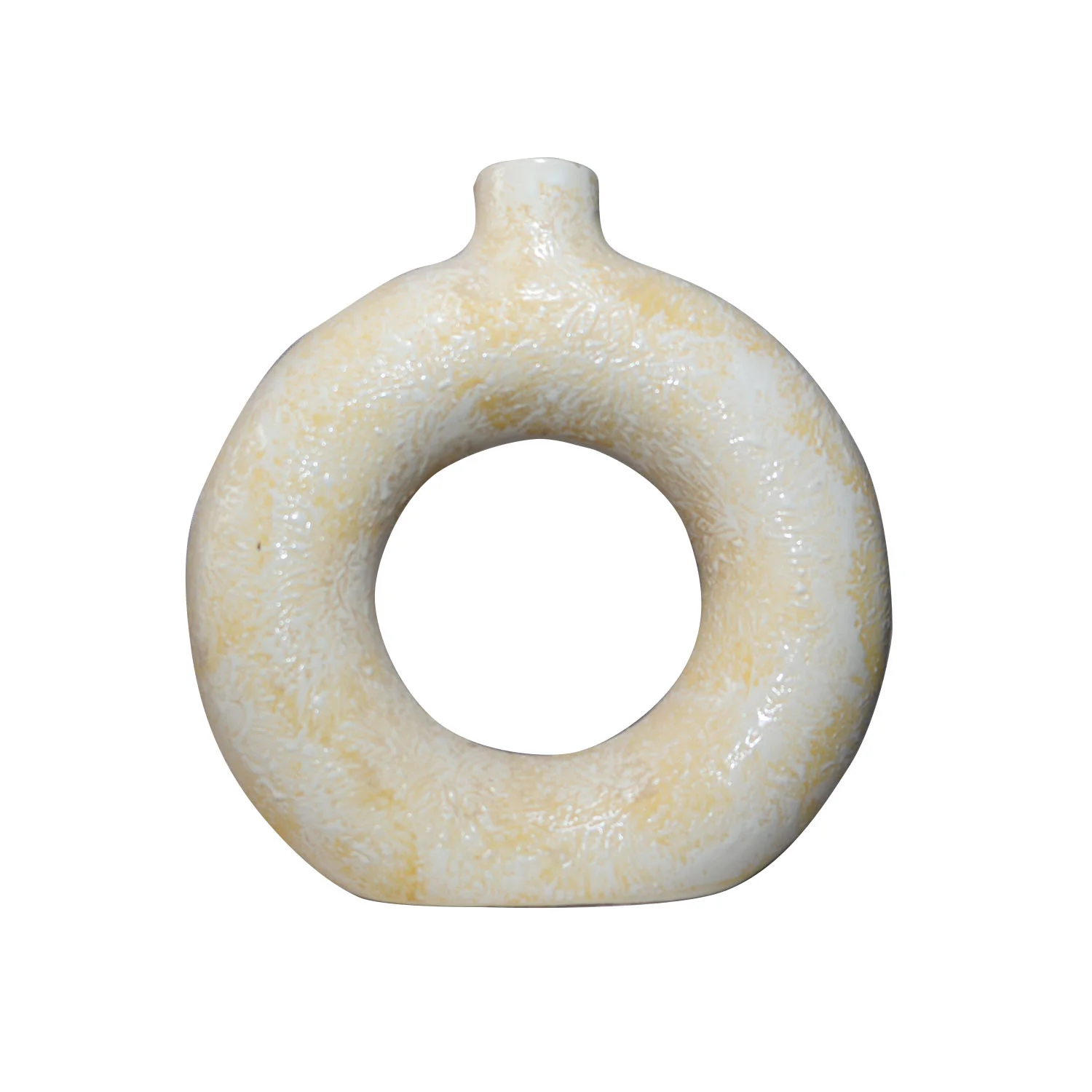 ArtistryBazaar 2.5"L x 8"W x 8.5"H inch handcrafted ceramic ring vase, circular design, off white & yellow finish, functional, versatile, and a unique decor and gift!