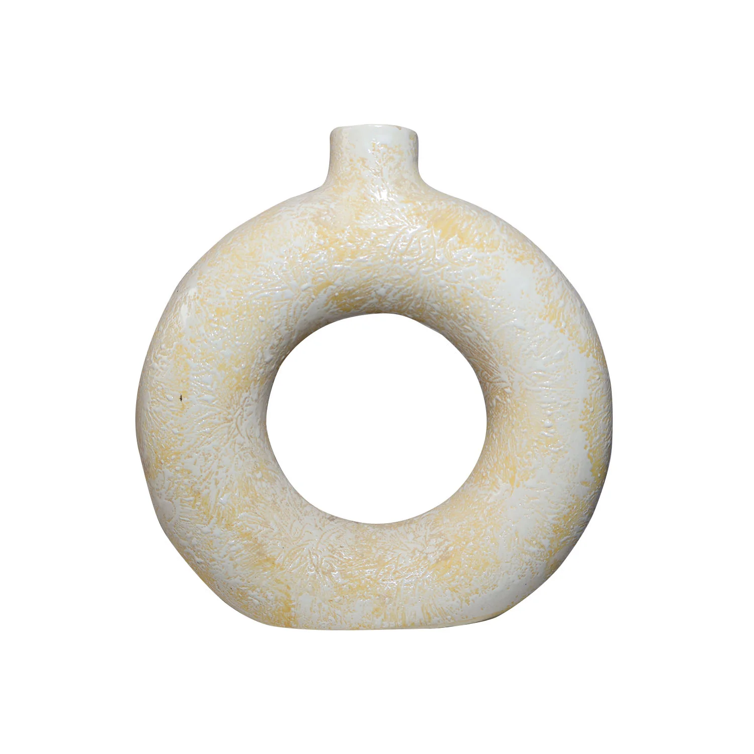 ArtistryBazaar 2.5"L x 8"W x 8.5"H inch handcrafted ceramic ring vase, circular design, off white & yellow finish, functional, versatile, and a unique decor and gift!