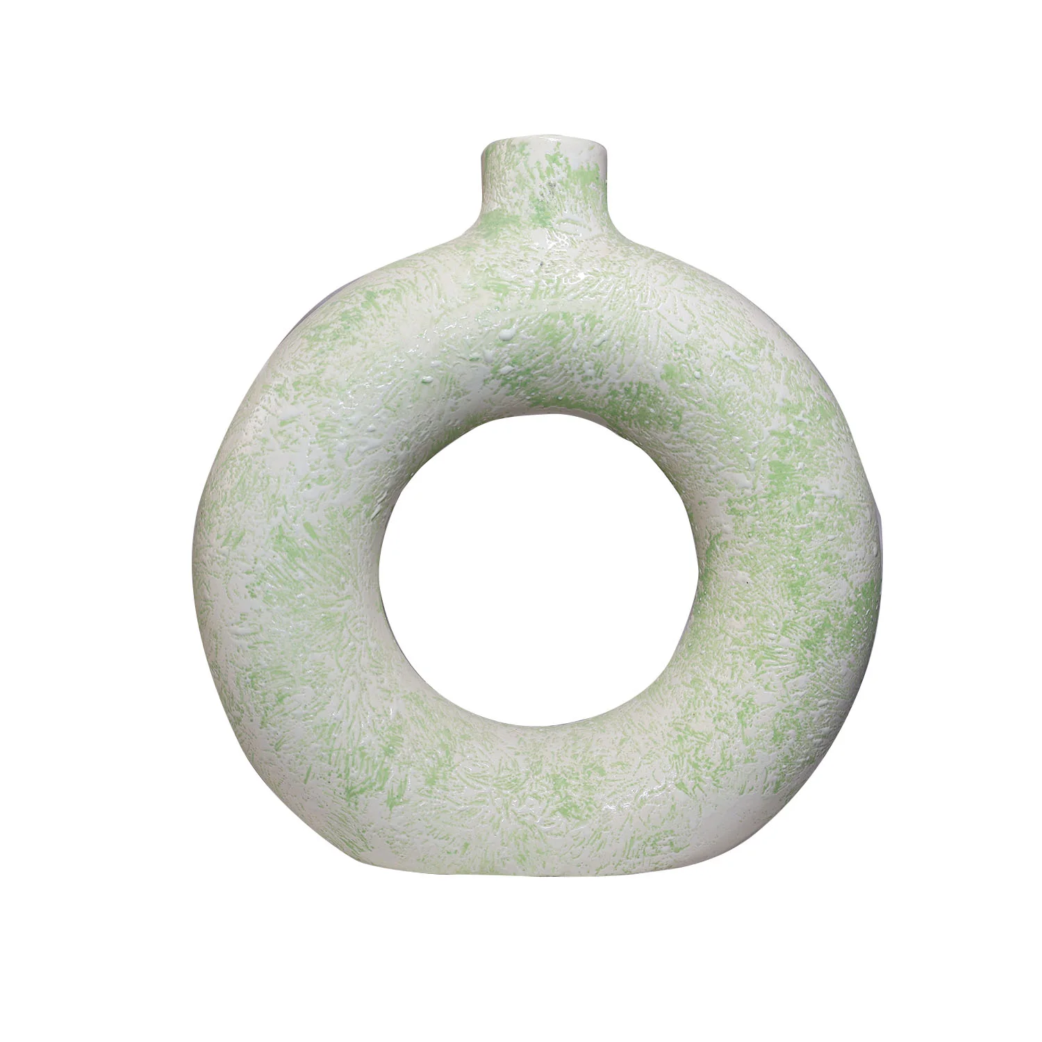 ArtistryBazaar 2.5"L x 8"W x 8.5"H inch compact artisan ceramic ring vase, off-white with green textures, a stylish gift and decor marvel for modern interiors.