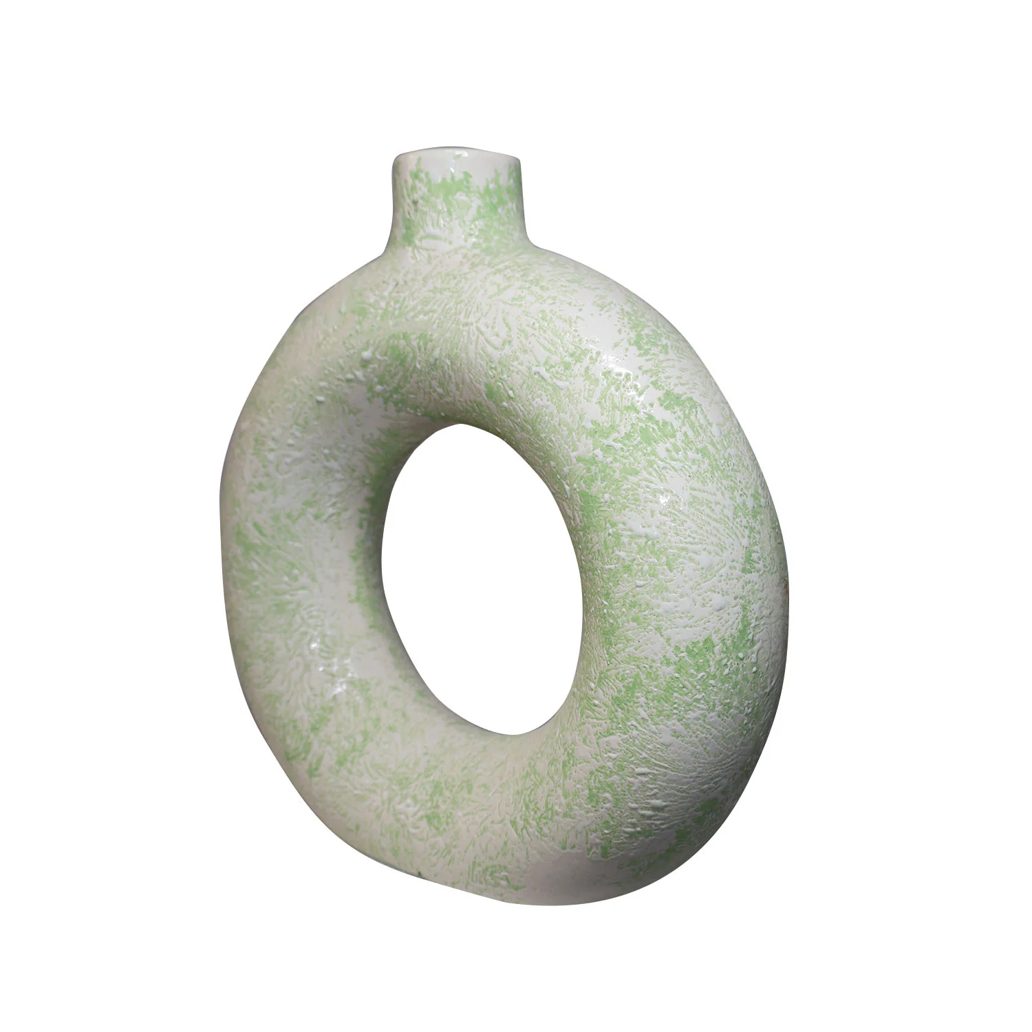 ArtistryBazaar 2.5"L x 8"W x 8.5"H inch compact artisan ceramic ring vase, off-white with green textures, a stylish gift and decor marvel for modern interiors.
