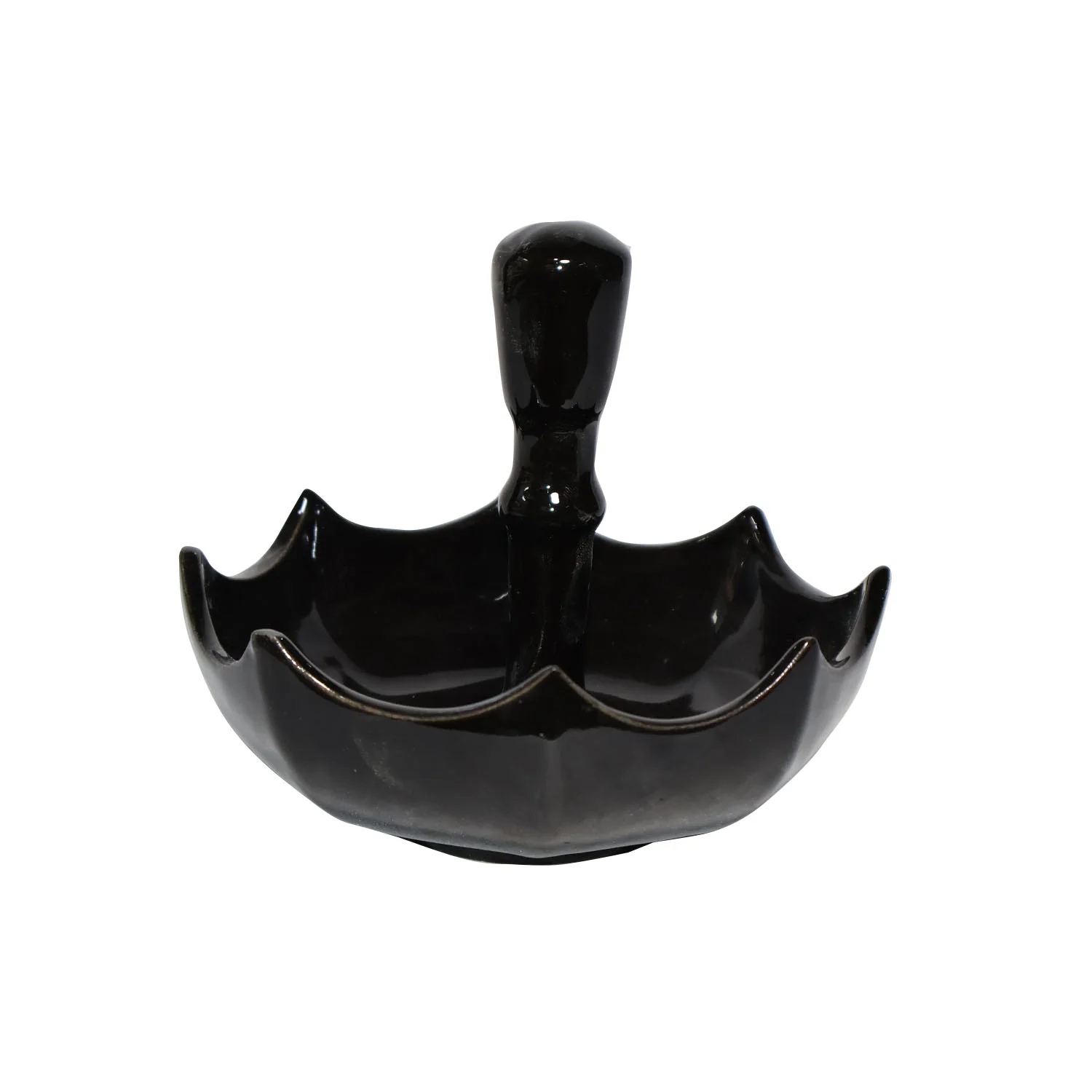 ArtistryBazaar 6"L x 6"W x 5"H inch handmade ceramic snack platter, unique umbrella-inspired form with straight handle—glossy black finish elegance as a table accessories and special gifts.