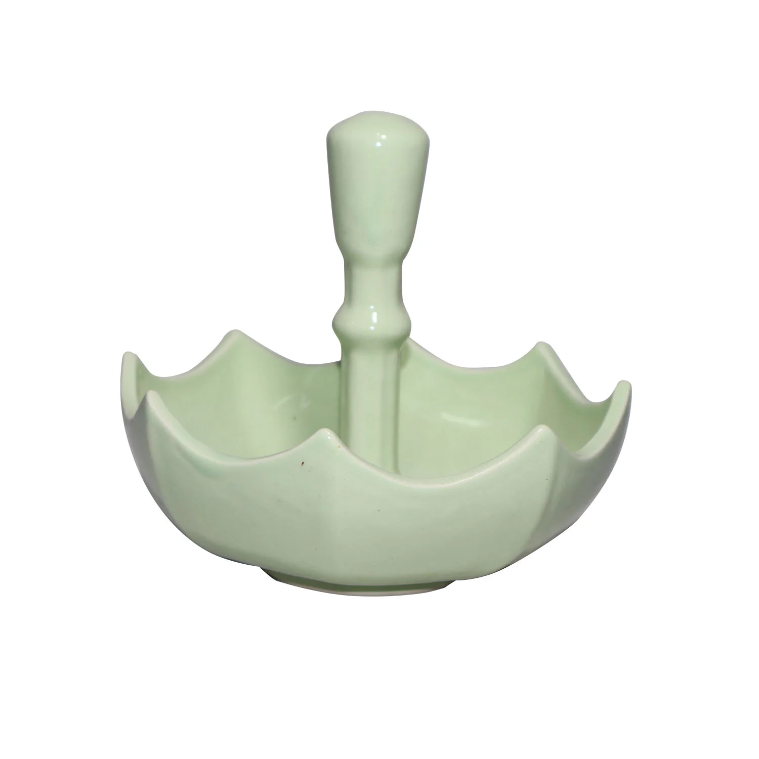 ArtistryBazaar 6"L x 6"W x 5"H inch green flipped umbrella snack bowl with handle, playful handmade platter crafted from ceramic—a lightweight masterpiece for snacks, décor, or gifting.