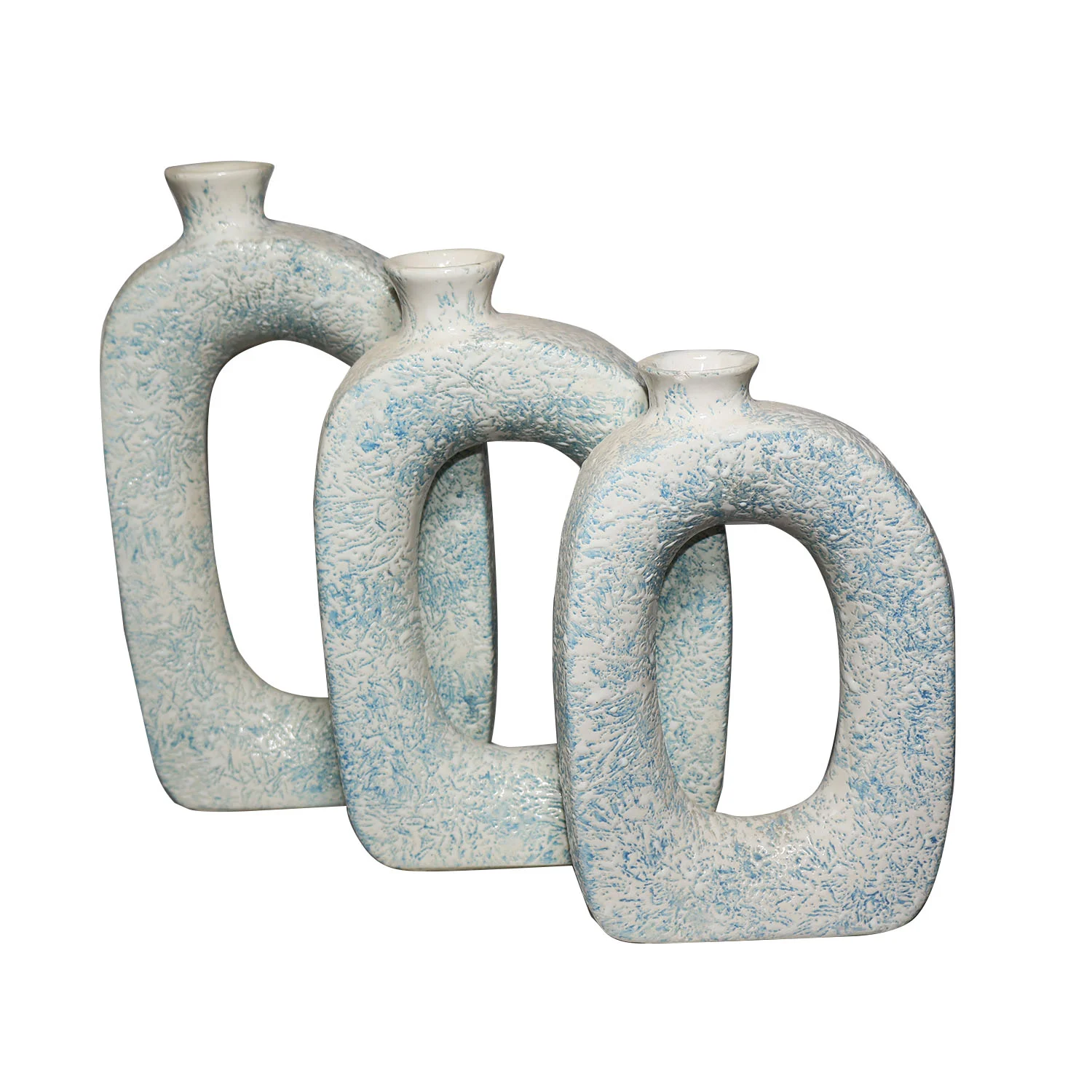 ArtistryBazaar handmade ceramic vase set of 3, muted off-white color with light blue speckles, weighs 3000g, stylish trio of oval vases, high-quality, and crafted with detailed art by skilled artisans.