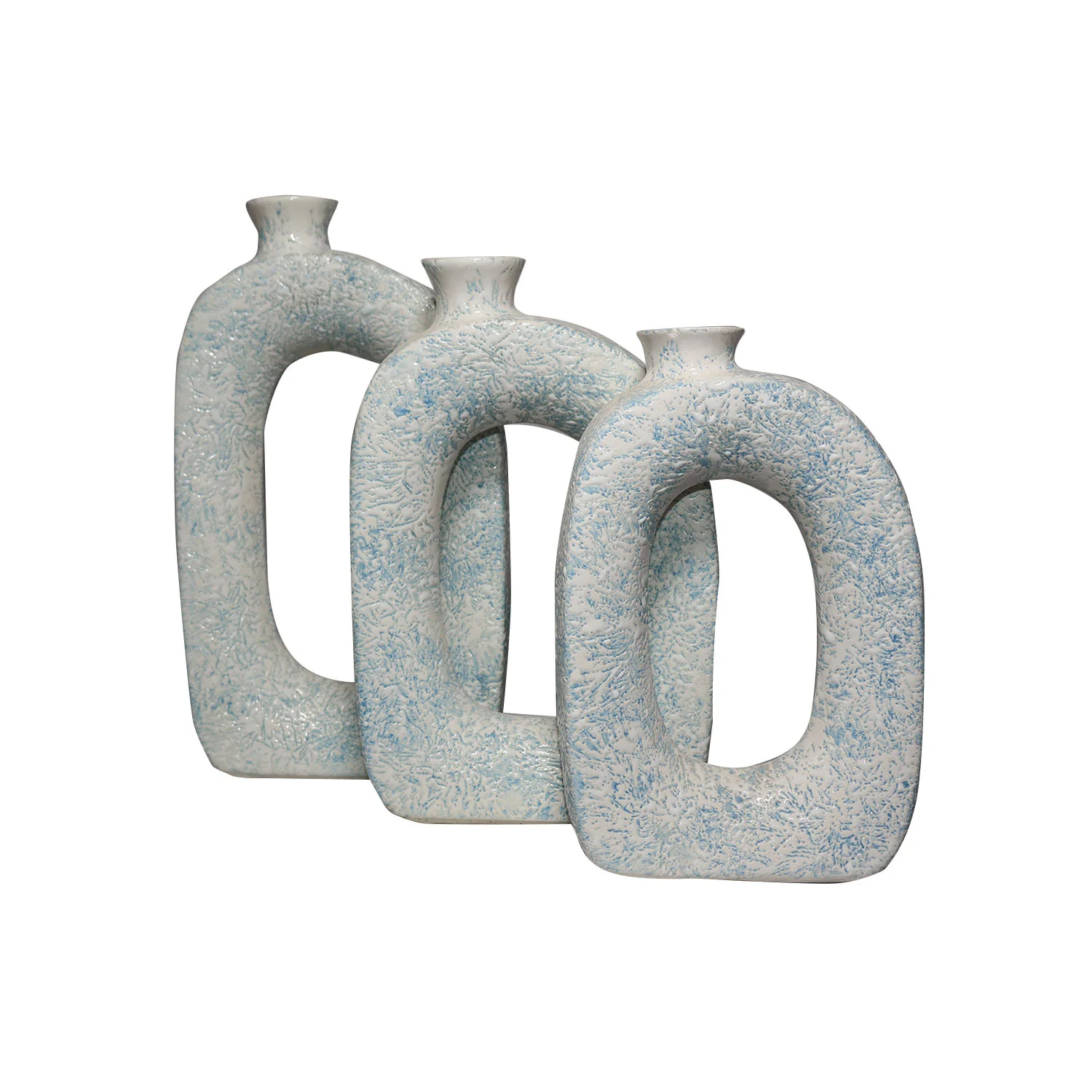 ArtistryBazaar handmade ceramic vase set of 3, muted off-white color with light blue speckles, weighs 3000g, stylish trio of oval vases, high-quality, and crafted with detailed art by skilled artisans.