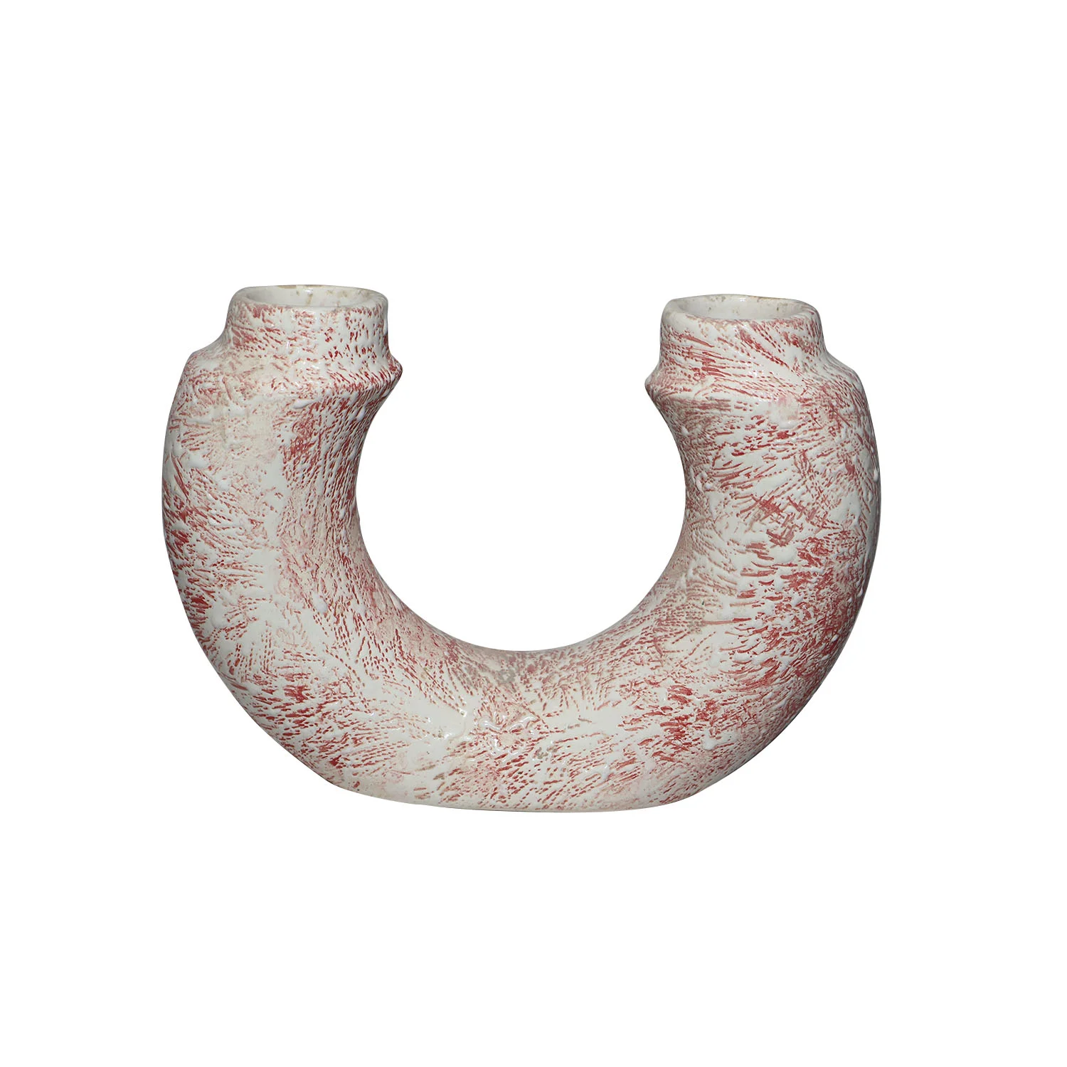 ArtistryBazaar 9.7"L x 2.8"W x 7"H inch U-shaped ceramic vase with two openings, fully made by artisans, white color with orange speckles, prime example of modern decor.