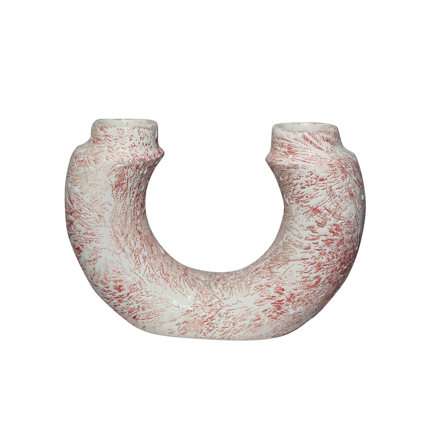 ArtistryBazaar 9.7"L x 2.8"W x 7"H inch U-shaped ceramic vase with two openings, fully made by artisans, white color with orange speckles, prime example of modern decor.