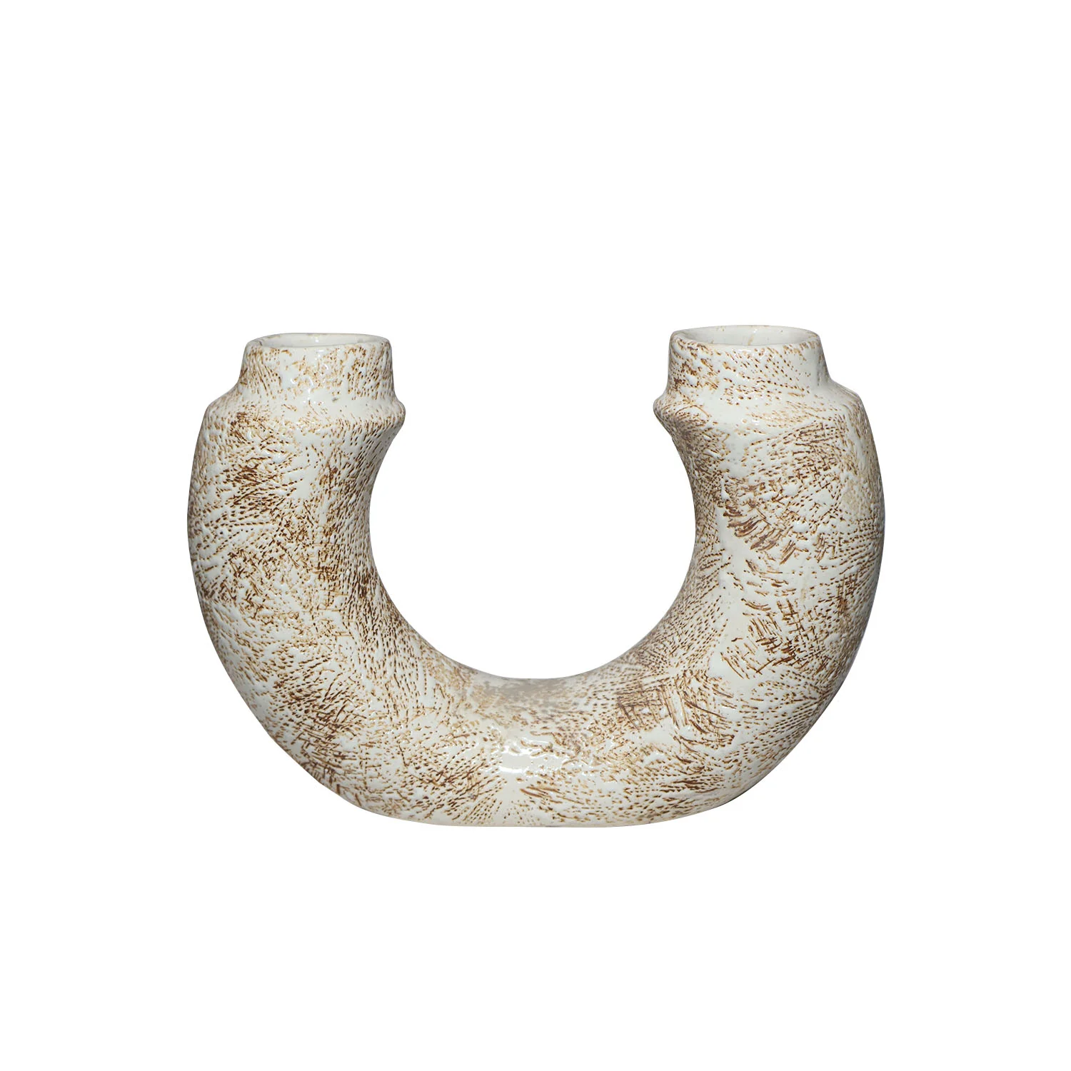 ArtistryBazaar 9.7"L x 2.8"W x 7"H inch exclusive ceramic U-shaped vase with dual openings for flowers, white base with light brown speckles, made by craftsman.