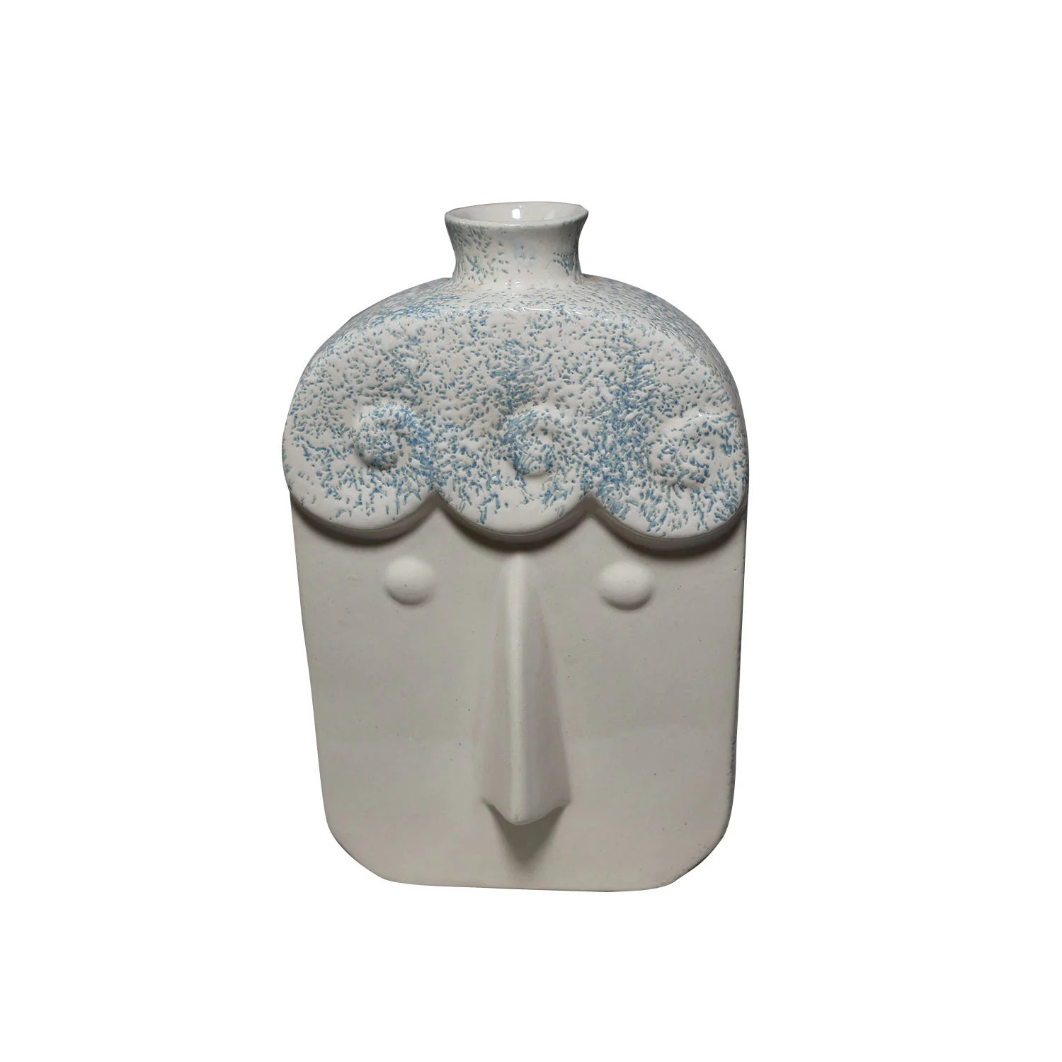 ArtistryBazaar 5.9"L x 3.2"W x 9"H inch ceramic face vase, totally handmade with blue & white hair-like design, a quirky way to elevate your space decor.