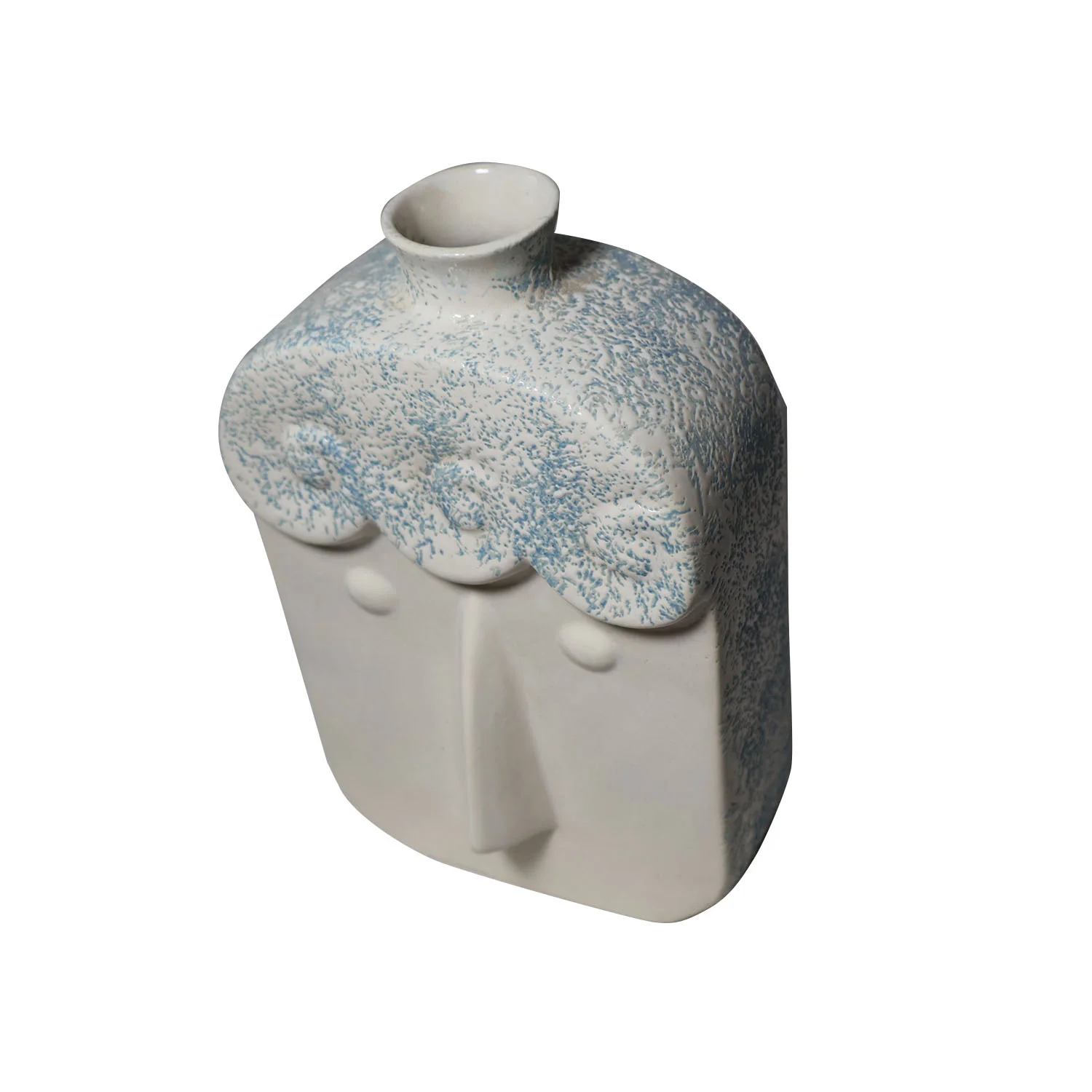 ArtistryBazaar 5.9"L x 3.2"W x 9"H inch ceramic face vase, totally handmade with blue & white hair-like design, a quirky way to elevate your space decor.