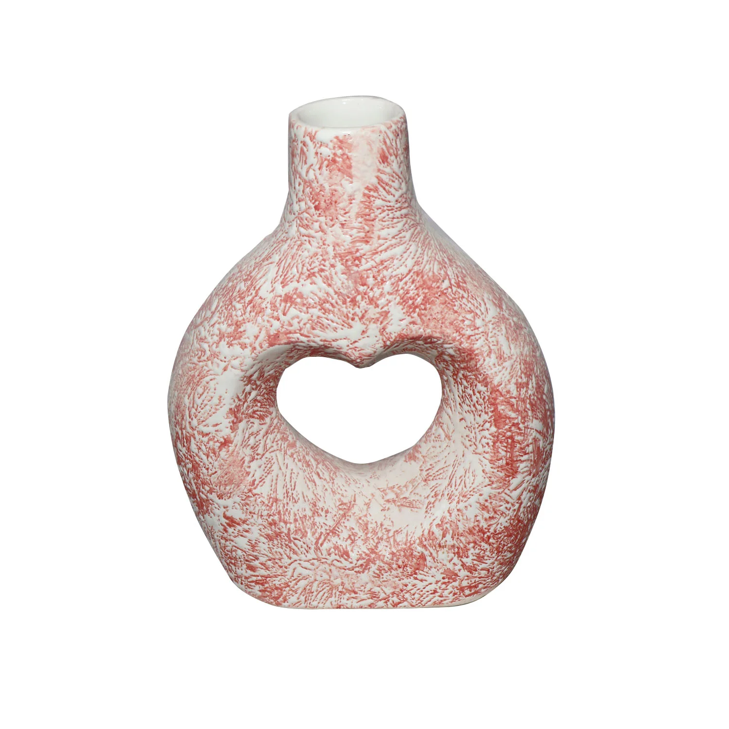 ArtistryBazaar 6.6"L x 3.2"W x 8.5"H inch ceramic flower vase, heart-shaped design in the middle, dark blue speckles on white surface, art of local artisans.