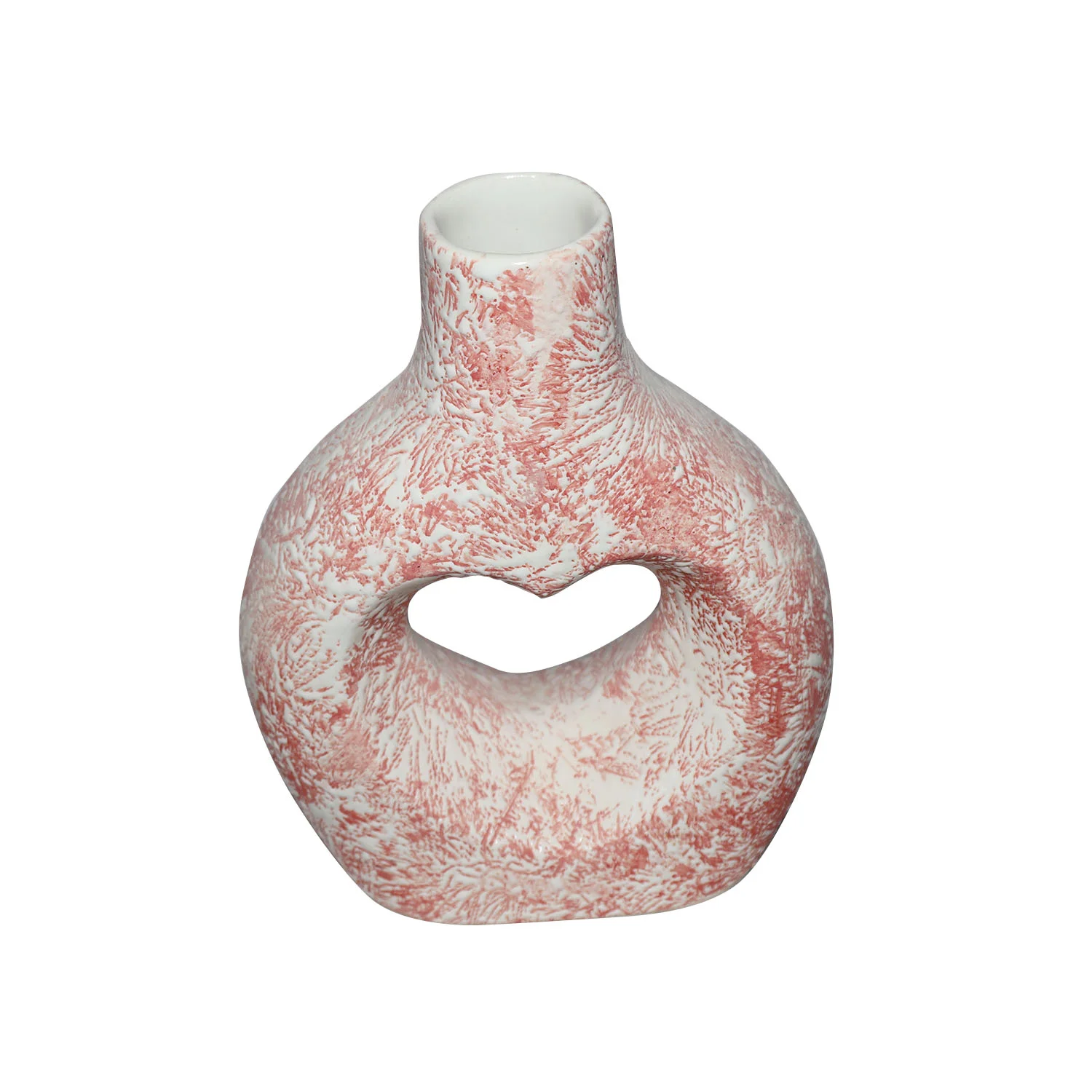 ArtistryBazaar 6.6"L x 3.2"W x 8.5"H inch ceramic flower vase, heart-shaped design in the middle, dark blue speckles on white surface, art of local artisans.