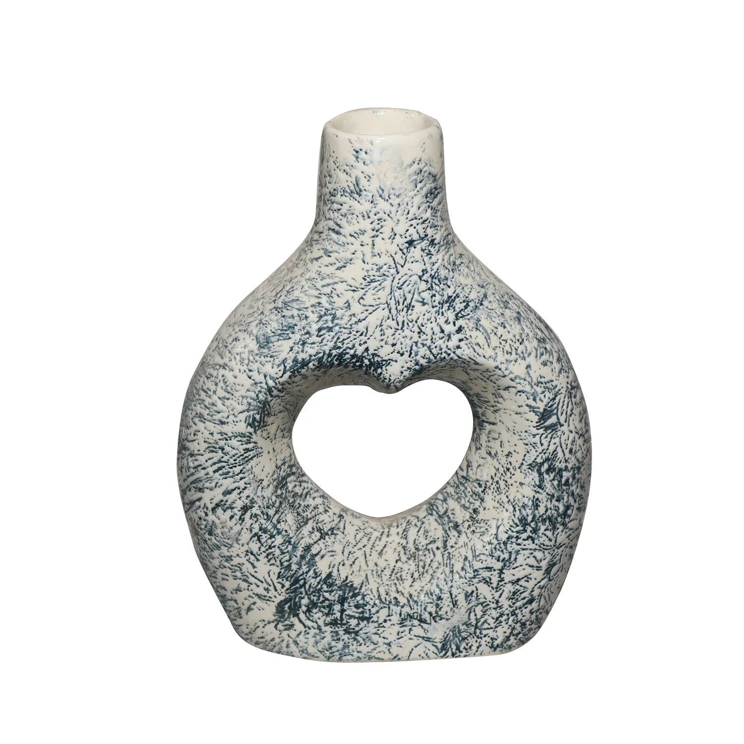 ArtistryBazaar 6.6"L x 3.2"W x 8.5"H inch ceramic flower vase, heart-shaped design in the middle, dark blue speckles on white surface, art of local artisans.