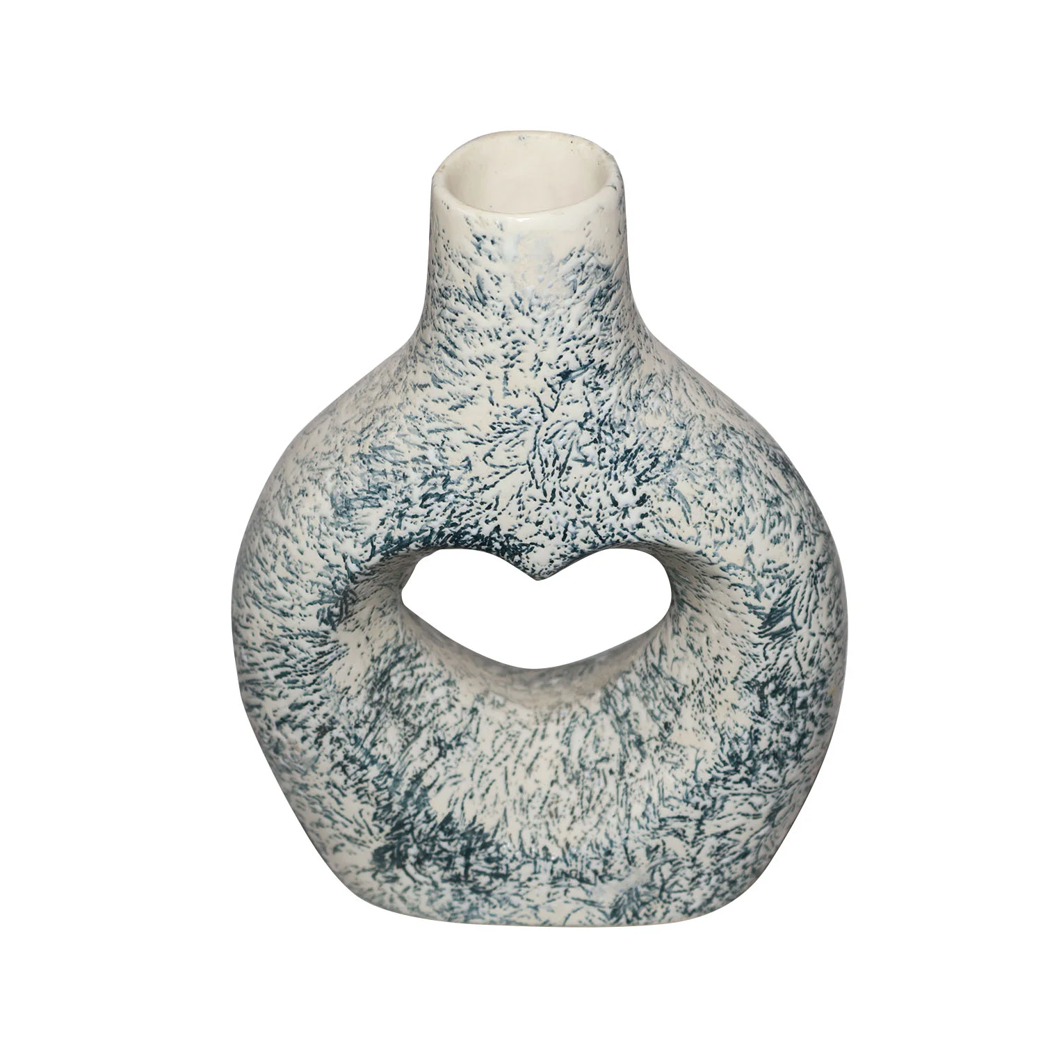 ArtistryBazaar 6.6"L x 3.2"W x 8.5"H inch ceramic flower vase, heart-shaped design in the middle, dark blue speckles on white surface, art of local artisans.