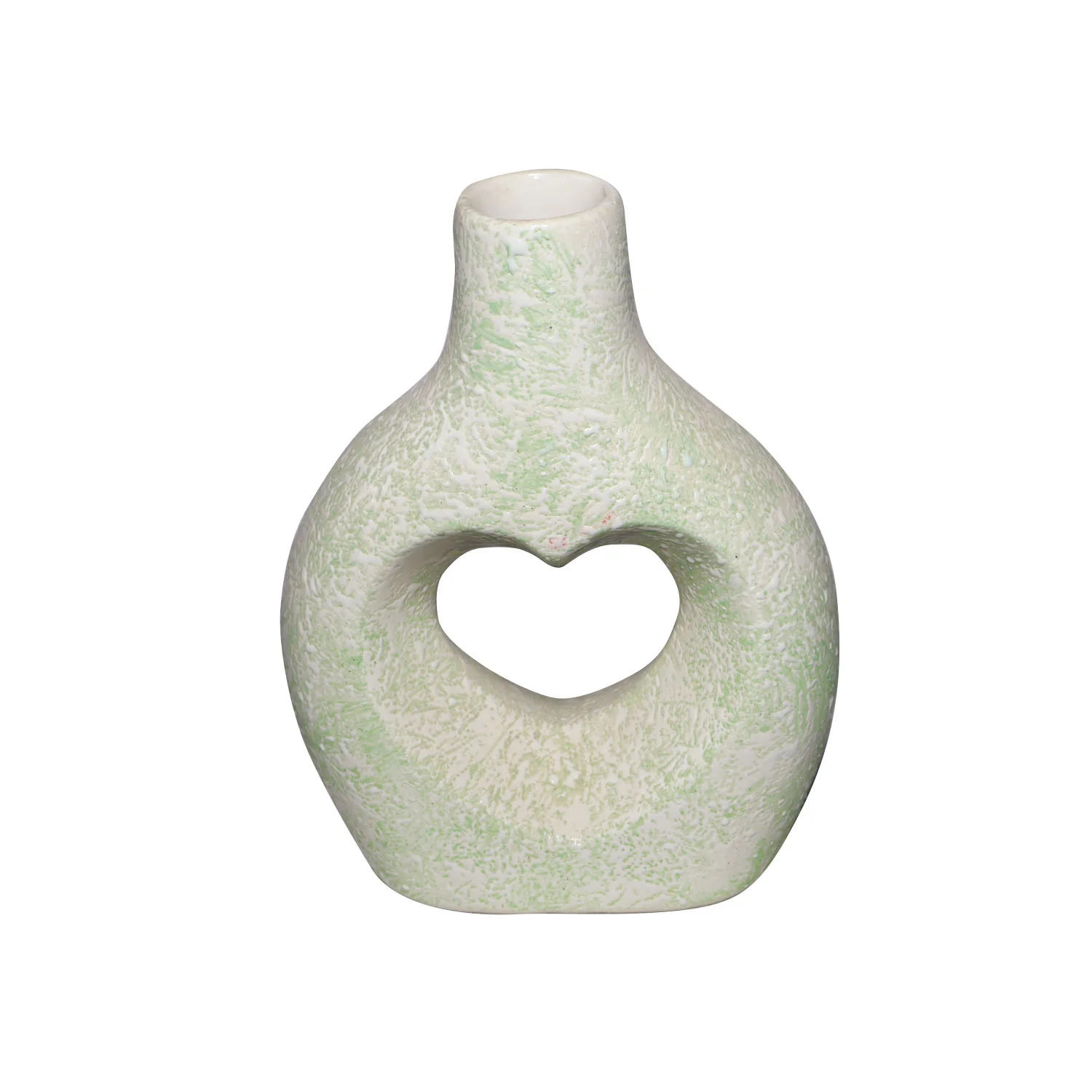 ArtistryBazaar 6.6"L x 3.2"W x 8.5"H inch heart-shaped ceramic vase, handcrafted white & light green design, ideal for small flowers, greenery, and modern home decor.