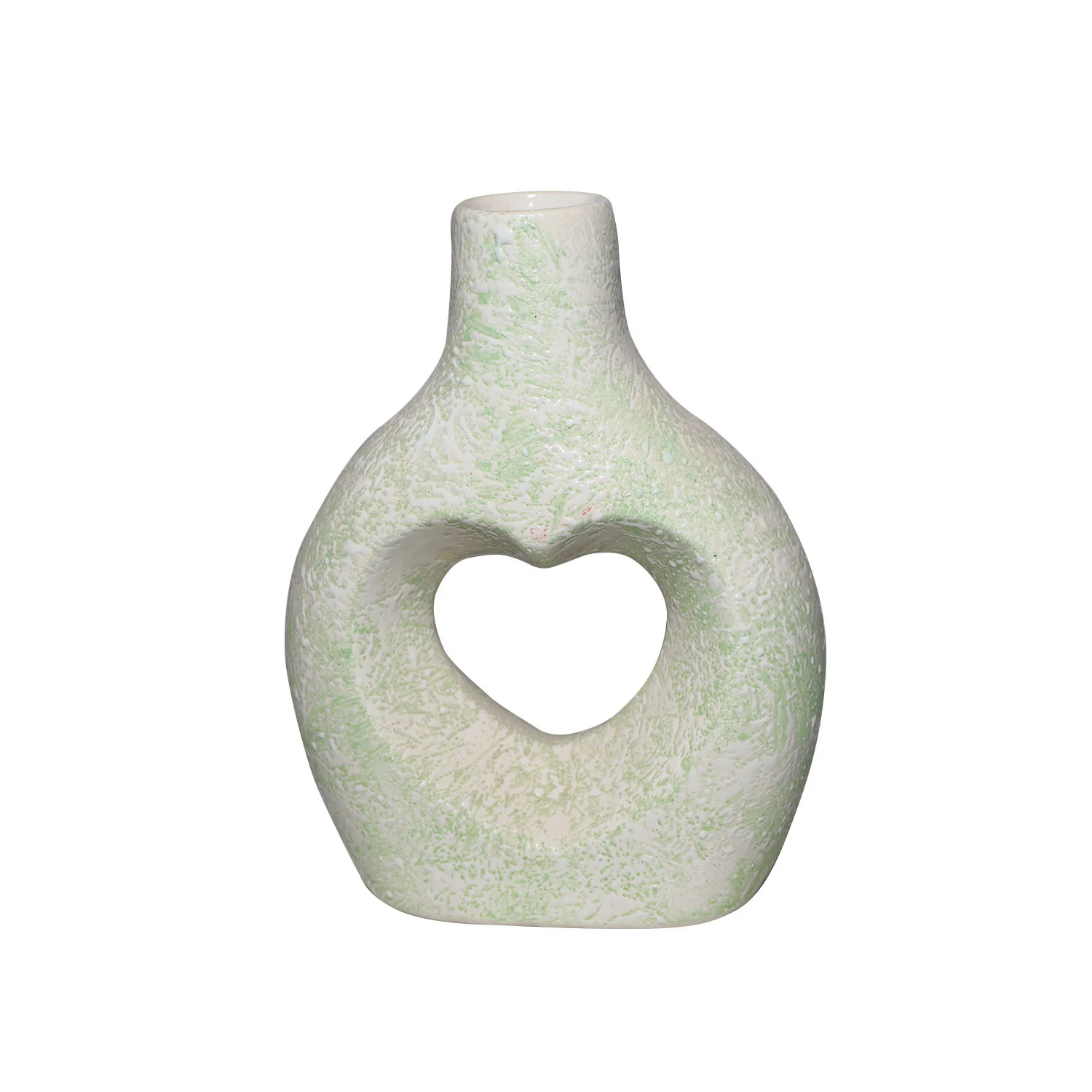 ArtistryBazaar 6.6"L x 3.2"W x 8.5"H inch heart-shaped ceramic vase, handcrafted white & light green design, ideal for small flowers, greenery, and modern home decor.