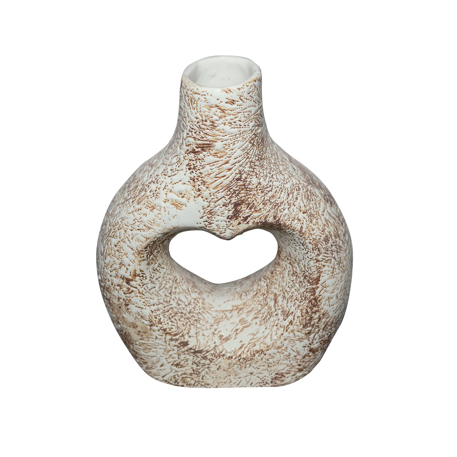 ArtistryBazaar 6.6"L x 3.2"W x 8.5"H inch handmade ceramic vase with heart design, white & brown in color, perfect for fresh flowers, stylish home accessories.