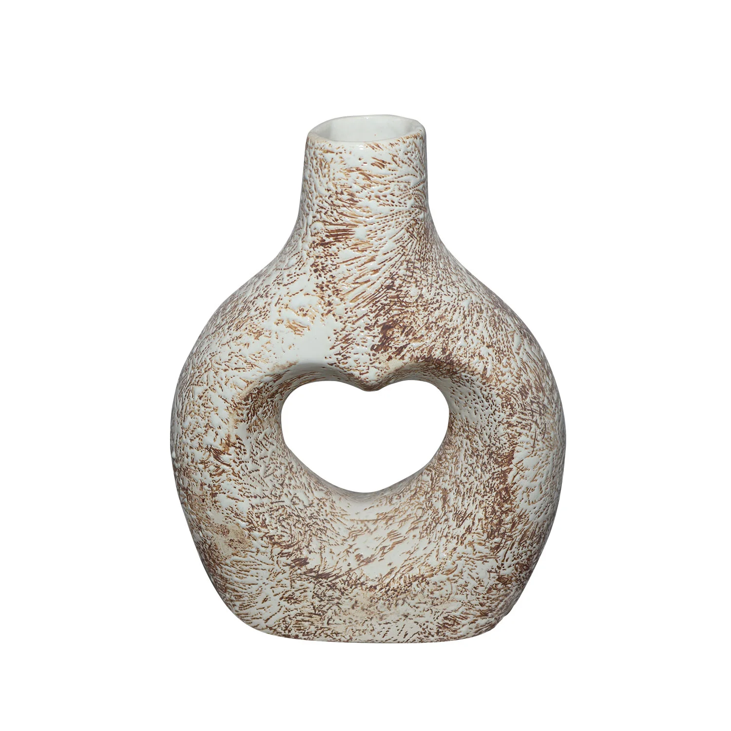 ArtistryBazaar 6.6"L x 3.2"W x 8.5"H inch handmade ceramic vase with heart design, white & brown in color, perfect for fresh flowers, stylish home accessories.