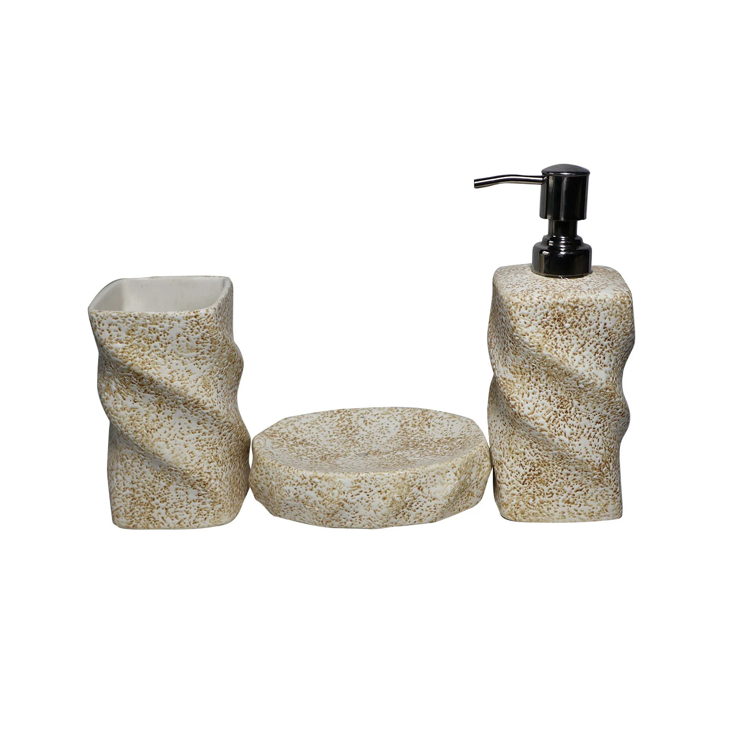 ArtistryBazaar 3"L x 3"W x 7"H inch ceramic bathroom utility set of 3, liquid soap dispenser, soap dish & toothbrush holder, cream & brown color with twisted handmade design.