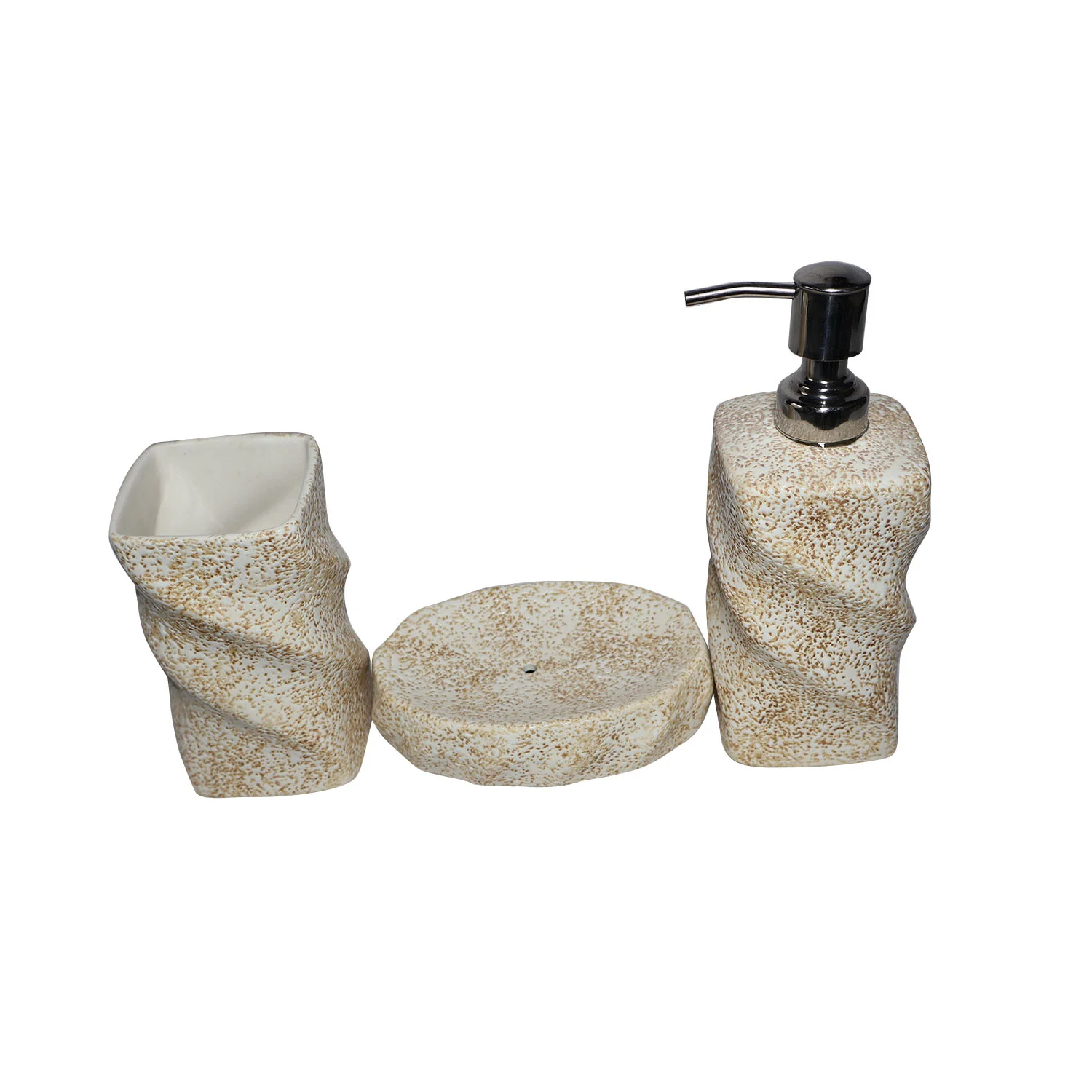 ArtistryBazaar 3"L x 3"W x 7"H inch ceramic bathroom utility set of 3, liquid soap dispenser, soap dish & toothbrush holder, cream & brown color with twisted handmade design.