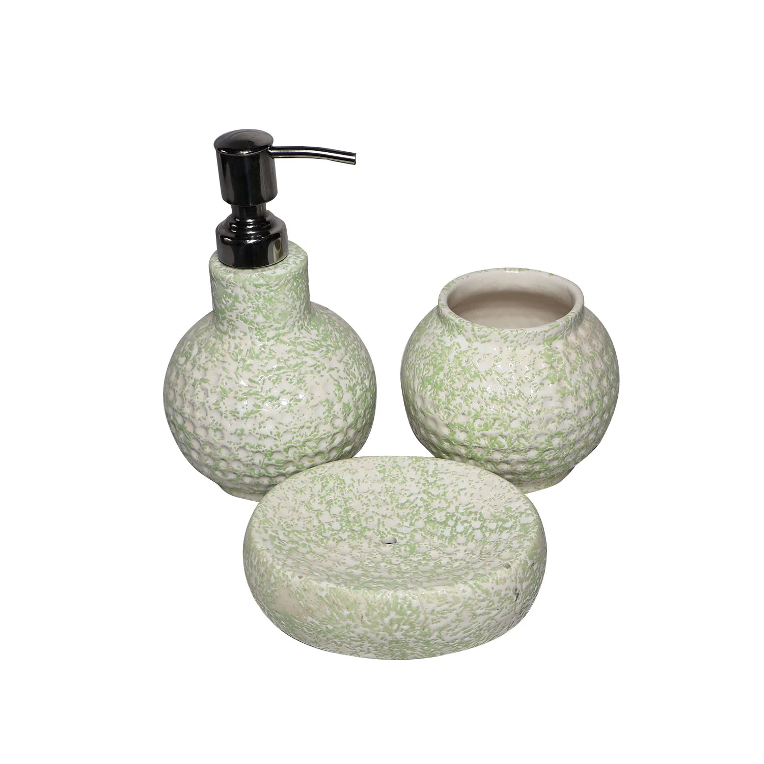 ArtistryBazaar 3.5"L x 3.5"W x 6.5"H inch handmade pale green bathroom set of 3, ceramic soap dispenser, toothbrush holder, dish holder, stylish & functional bathroom decor