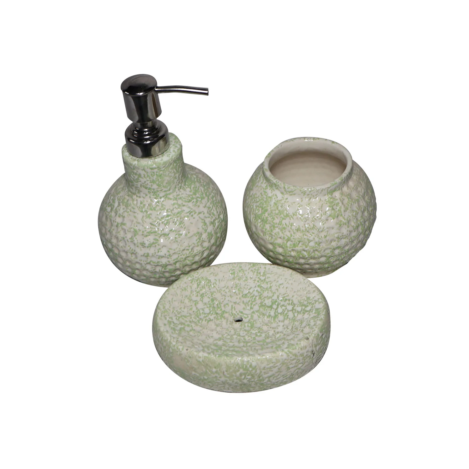 ArtistryBazaar 3.5"L x 3.5"W x 6.5"H inch handmade pale green bathroom set of 3, ceramic soap dispenser, toothbrush holder, dish holder, stylish & functional bathroom decor