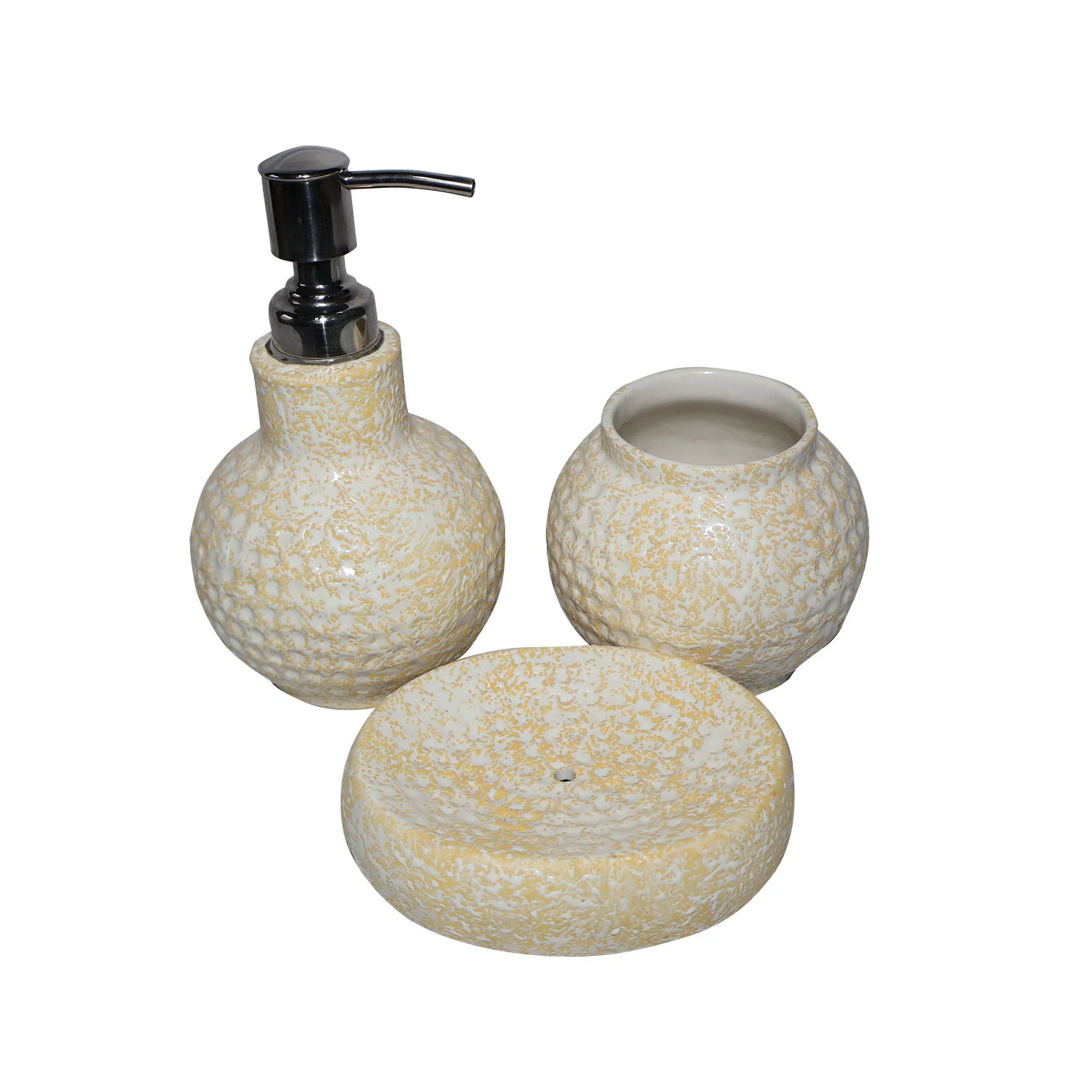 ArtistryBazaar 3.5"L x 3.5"W x 6.5"H inch handmade ceramic cream & yellow textured bathroom accessories, 3-piece set of liquid soap dispenser, soap dish, toothbrush holder, elevate your bathroom decor instantly.