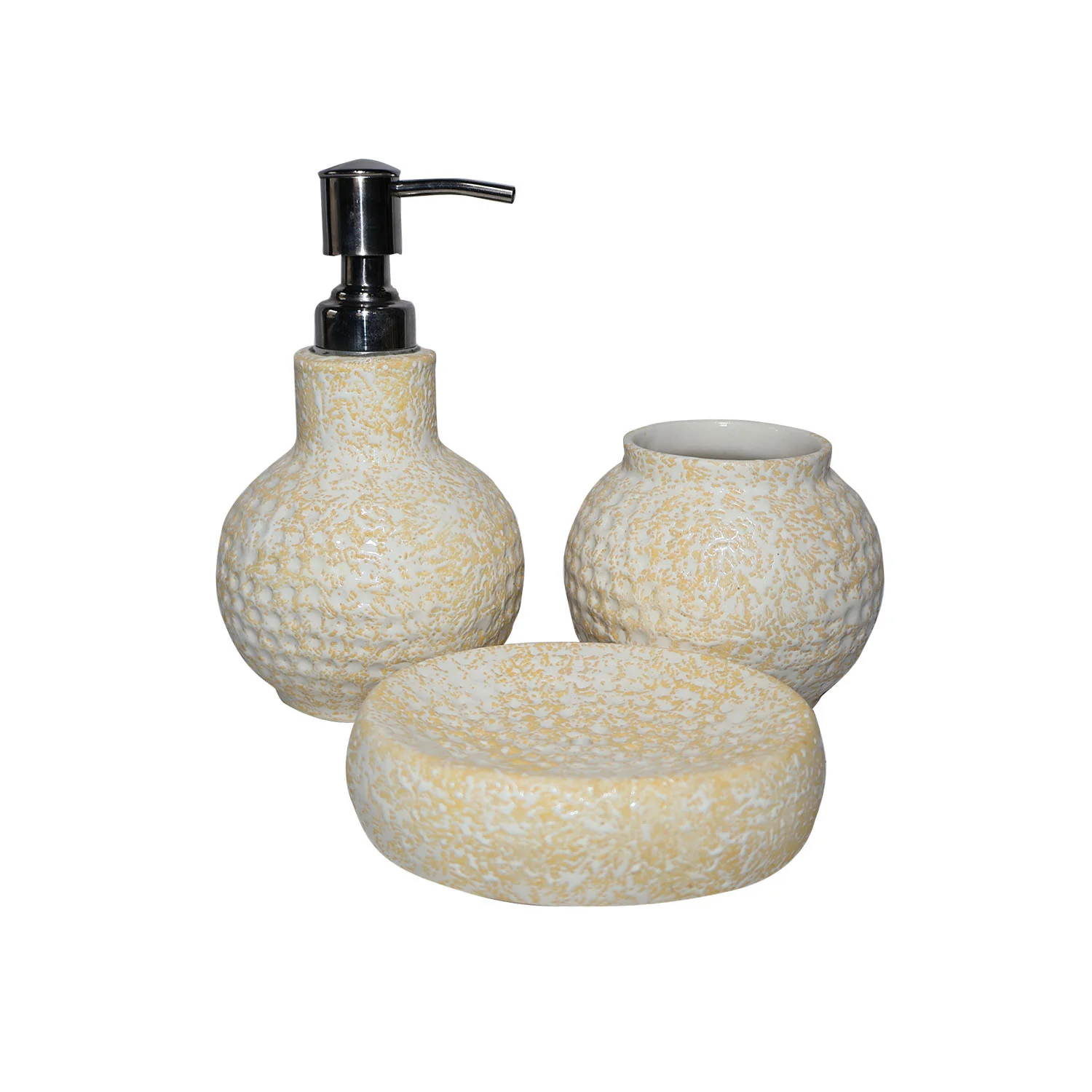 ArtistryBazaar 3.5"L x 3.5"W x 6.5"H inch handmade ceramic cream & yellow textured bathroom accessories, 3-piece set of liquid soap dispenser, soap dish, toothbrush holder, elevate your bathroom decor instantly.