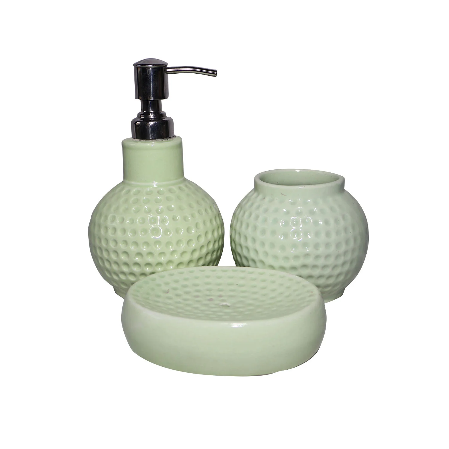 ArtistryBazaar 3.5"L x 3.5"W x 6.5"H inch pebbled ceramic bathroom set of 3, handmade soap dispenser, toothbrush holder, & soap dish in a soft green matte finish.