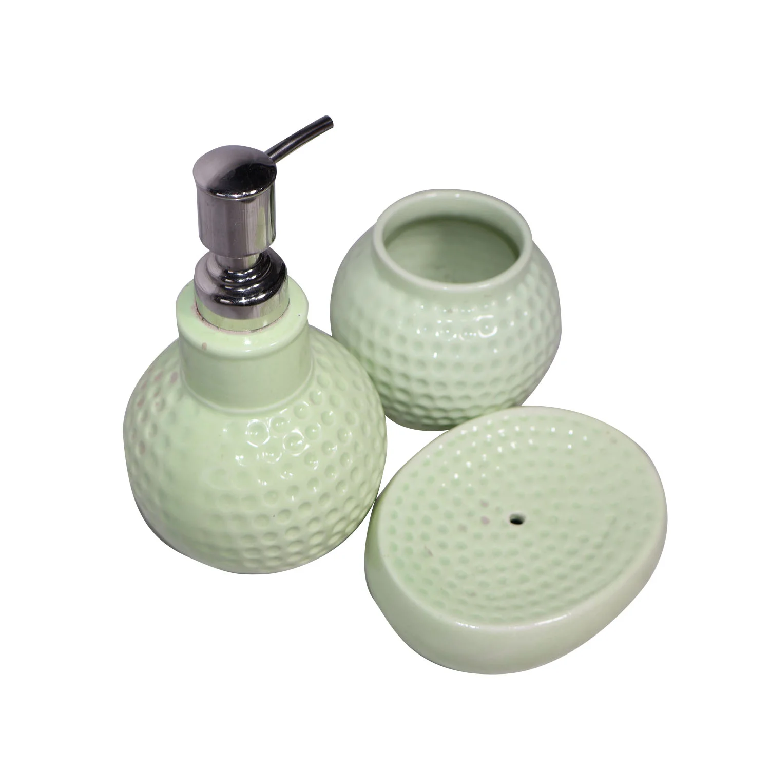ArtistryBazaar 3.5"L x 3.5"W x 6.5"H inch pebbled ceramic bathroom set of 3, handmade soap dispenser, toothbrush holder, & soap dish in a soft green matte finish.