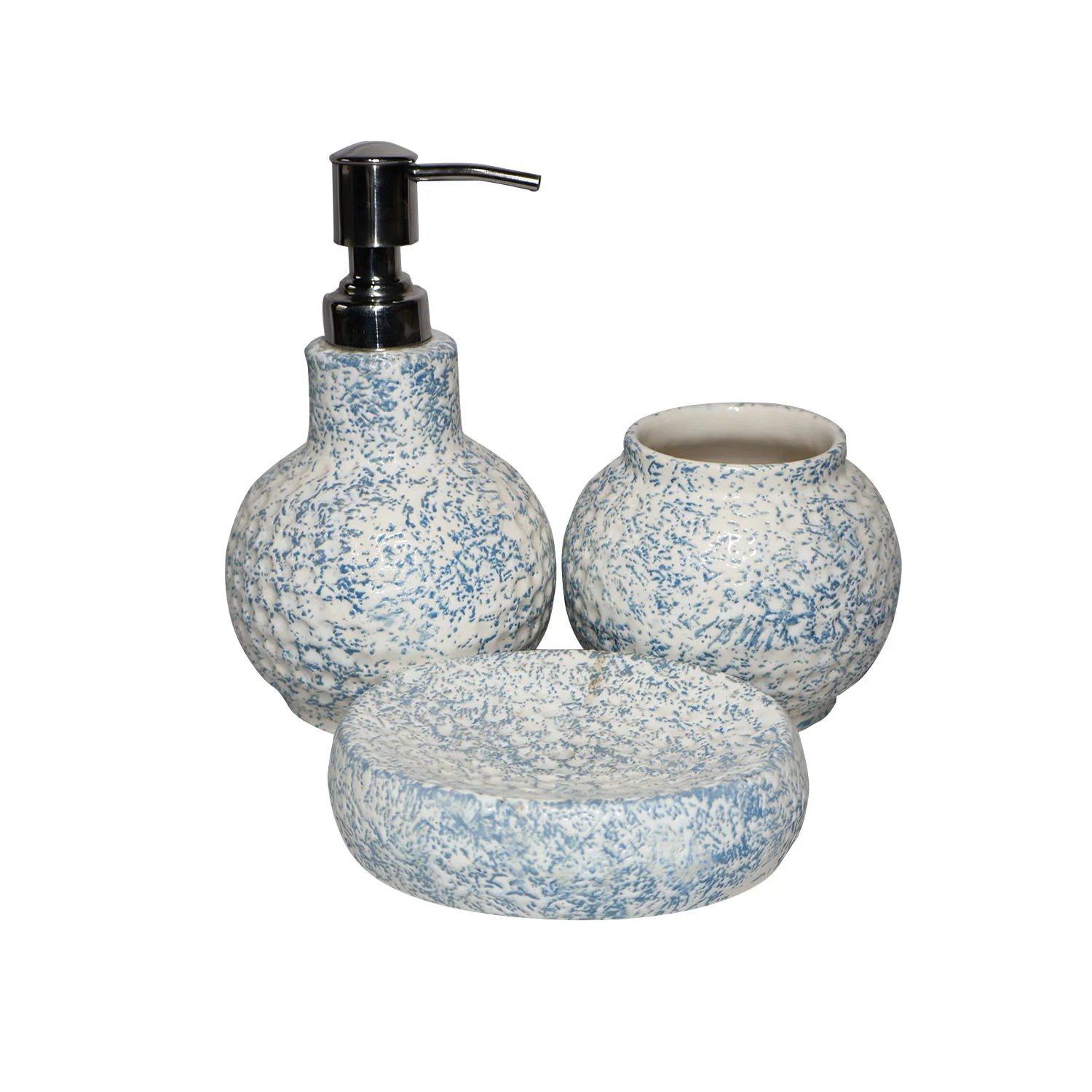 ArtistryBazaar 3.5"L x 3.5"W x 6.5"H inch handmade ceramic bathroom utility set, blue & white soap dispenser, toothbrush holder, and soap dish, luxurious bathroom decor.