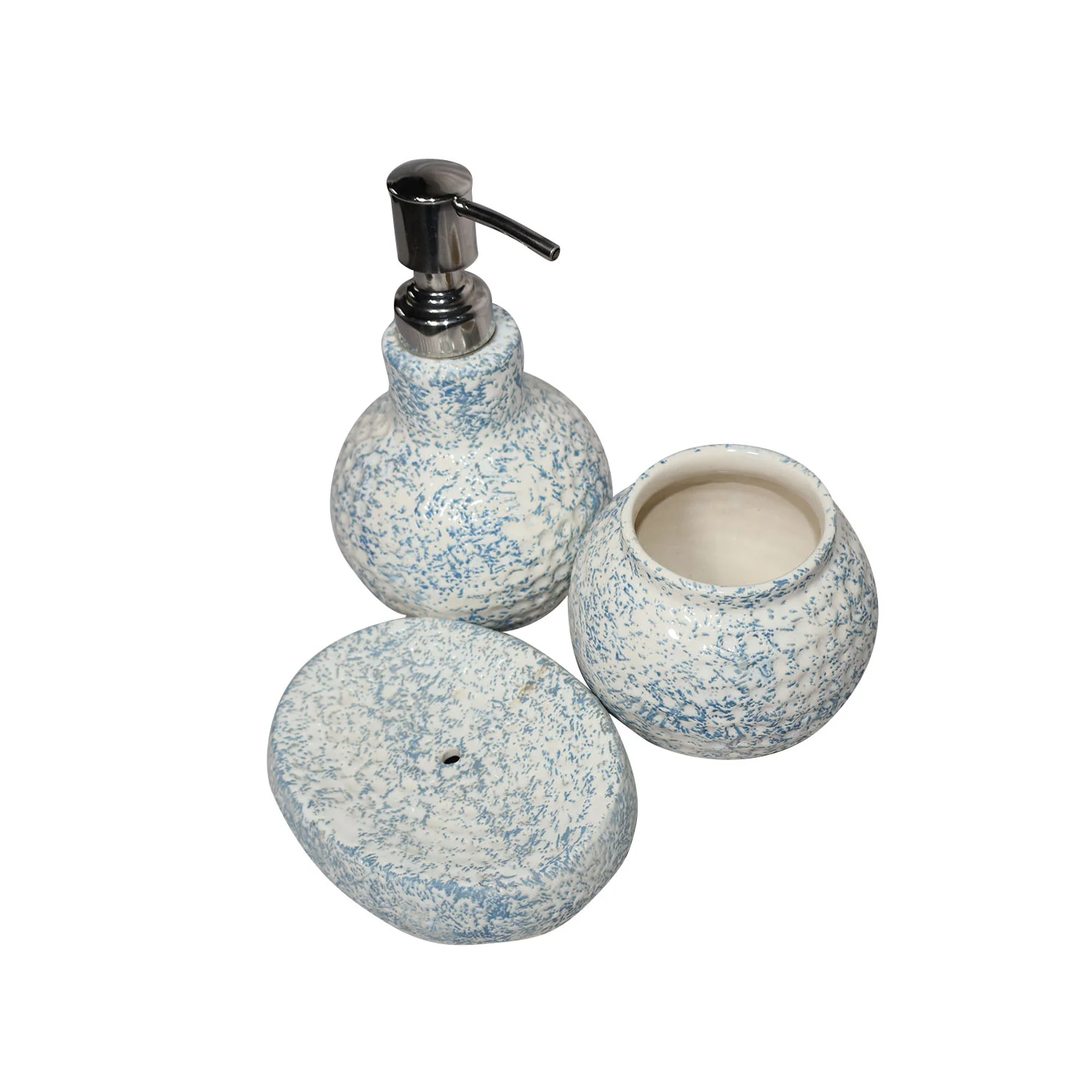 ArtistryBazaar 3.5"L x 3.5"W x 6.5"H inch handmade ceramic bathroom utility set, blue & white soap dispenser, toothbrush holder, and soap dish, luxurious bathroom decor.