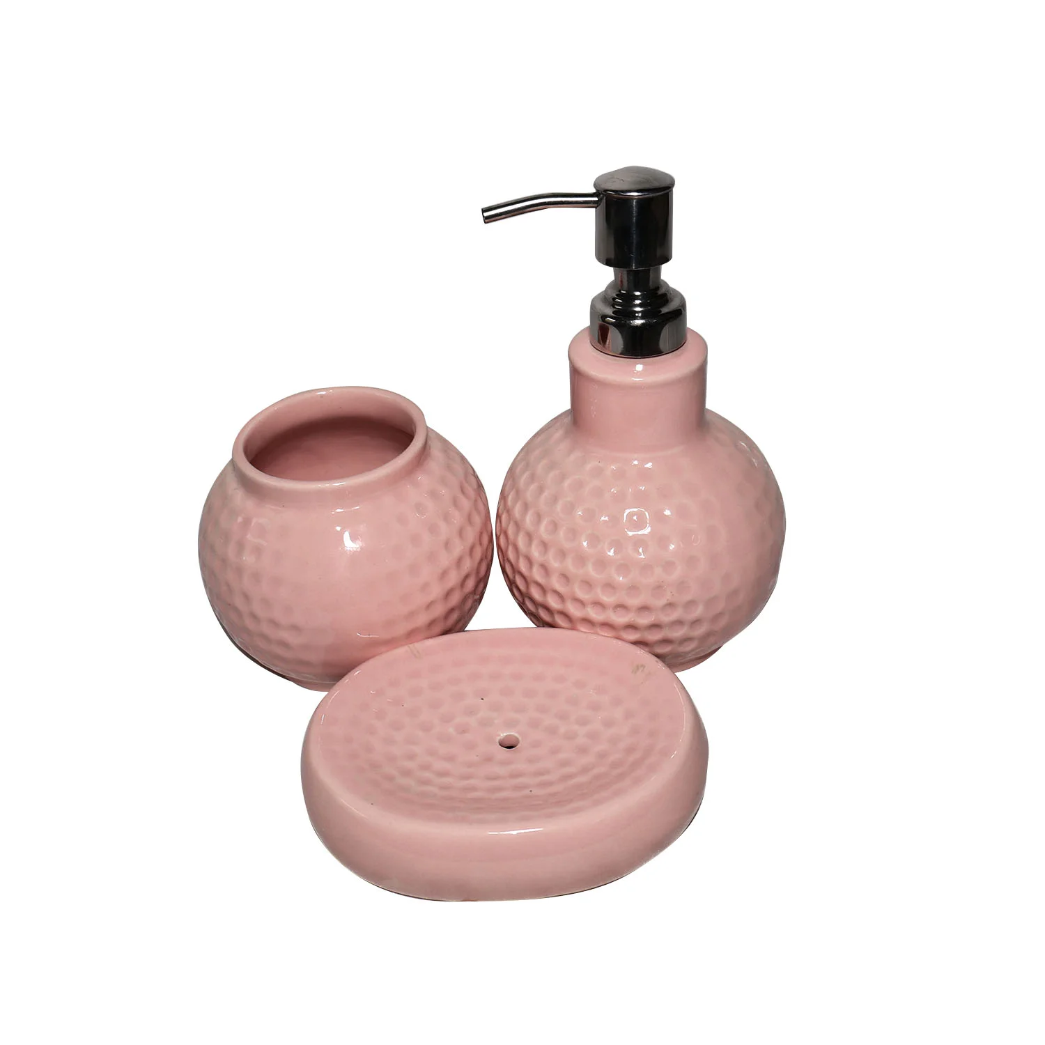 ArtistryBazaar 3.5"L x 3.5"W x 6.5"H inch all pink ceramic bathroom decor set of 3, soap dispenser, toothbrush holder, and soap dish, handmade from top to bottom.