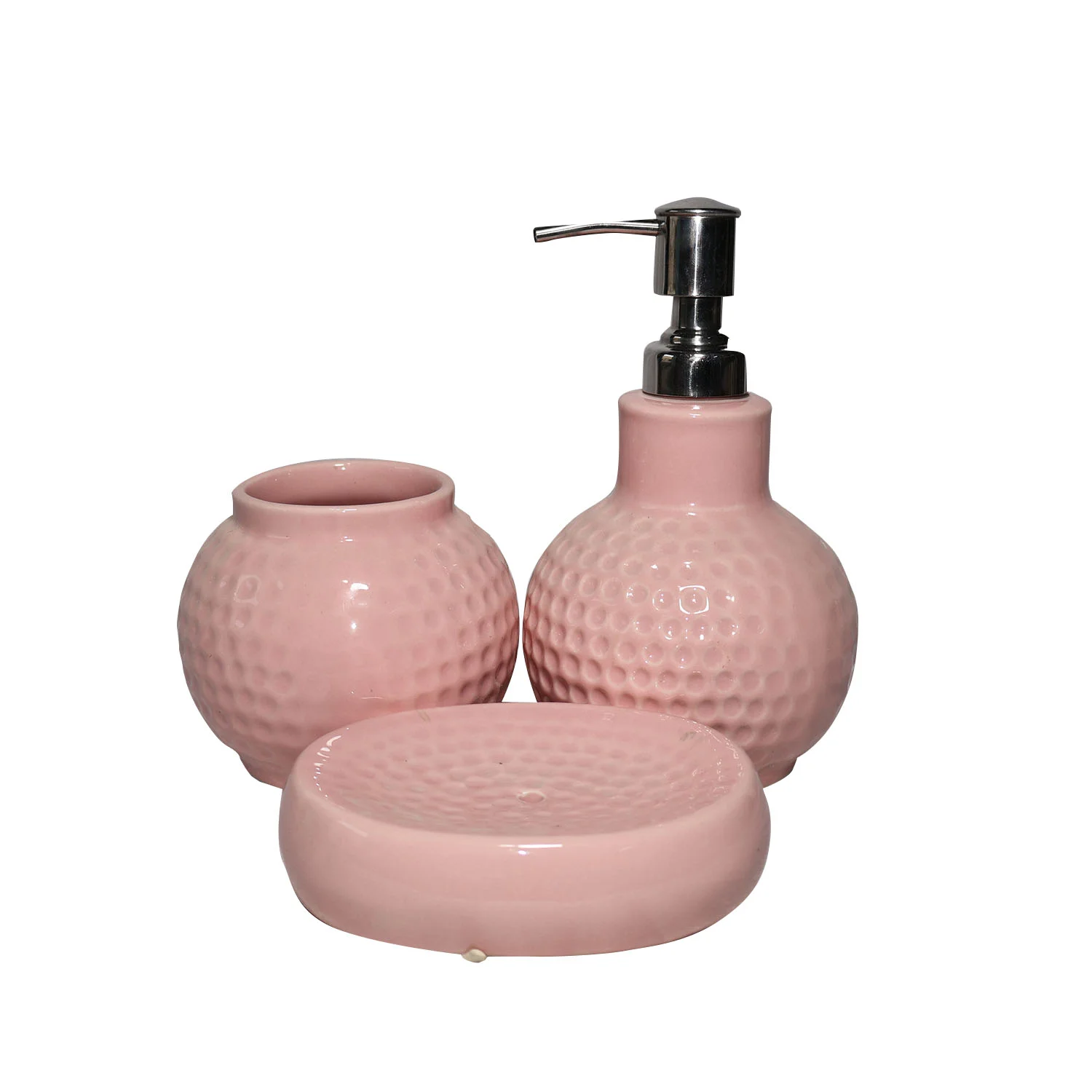 ArtistryBazaar 3.5"L x 3.5"W x 6.5"H inch all pink ceramic bathroom decor set of 3, soap dispenser, toothbrush holder, and soap dish, handmade from top to bottom.
