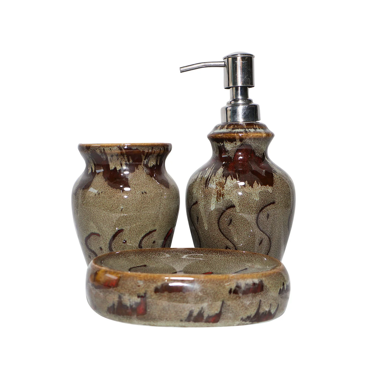 ArtistryBazaar 2.5"L x 2.5"W x 7"H inch handmade restroom decor, set of 3, ceramic soap dispenser, toothbrush holder, & soap dish in glossy eige and brown tones. 
