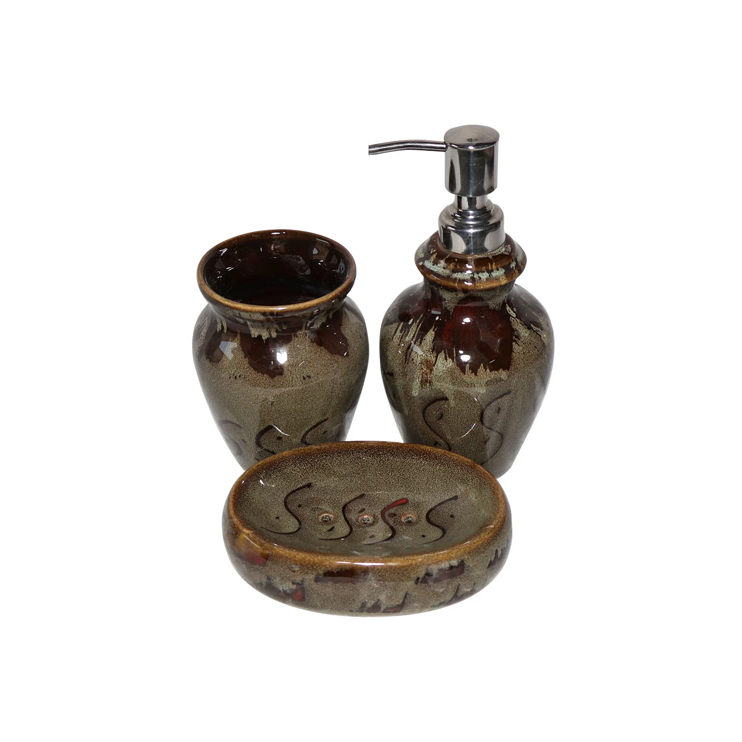 ArtistryBazaar 2.5"L x 2.5"W x 7"H inch handmade restroom decor, set of 3, ceramic soap dispenser, toothbrush holder, & soap dish in glossy eige and brown tones. 