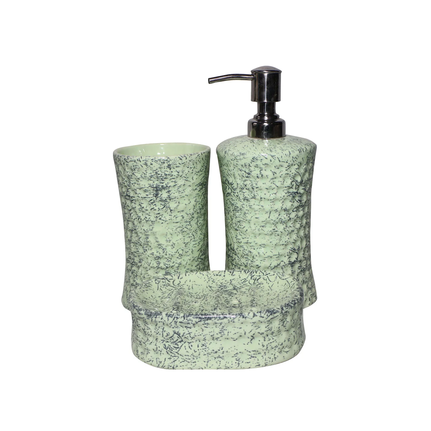 ArtistryBazaar 3.5"L x 3.5"W x 7.5"H inch pastel green ceramic bathroom set of 3, soap dispenser, toothbrush holder, & soap dish, compact, durable, and stylish bathroom decor for modern homes.
