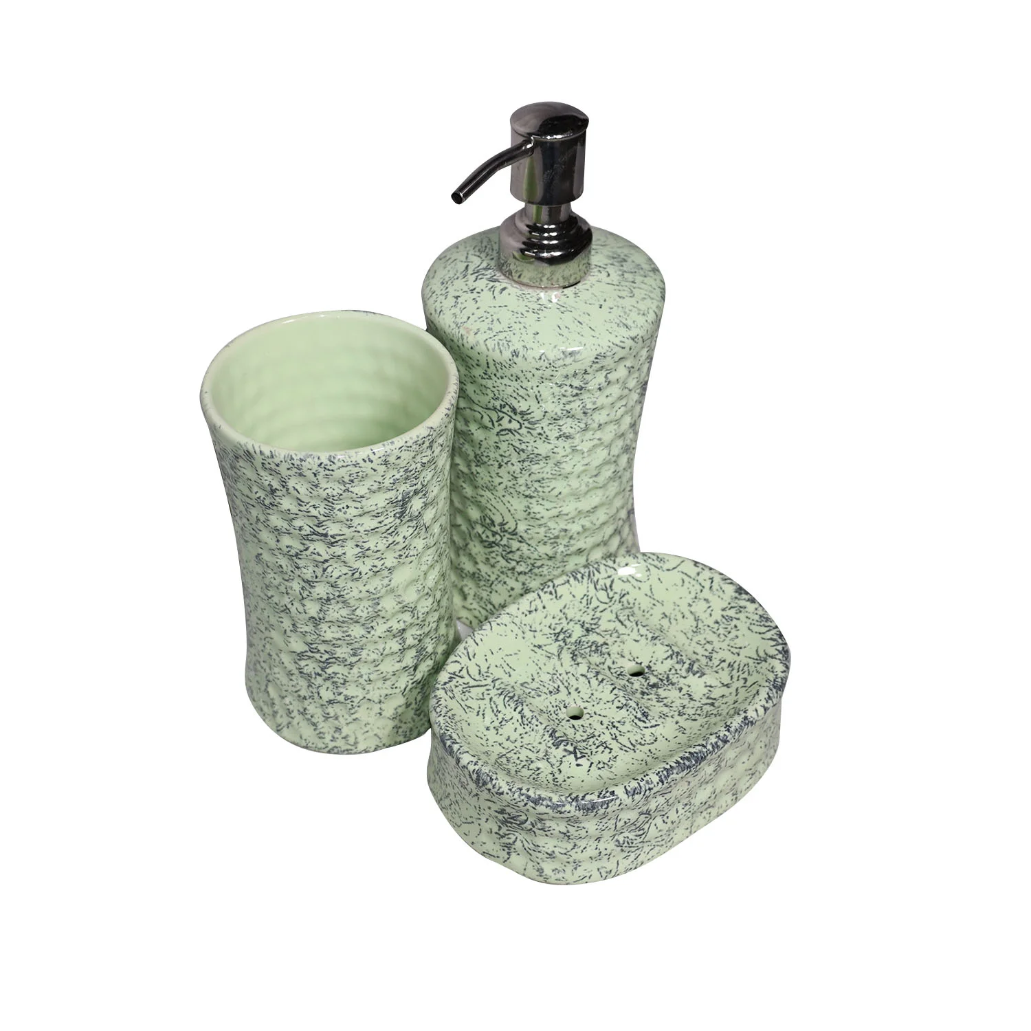 ArtistryBazaar 3.5"L x 3.5"W x 7.5"H inch pastel green ceramic bathroom set of 3, soap dispenser, toothbrush holder, & soap dish, compact, durable, and stylish bathroom decor for modern homes.