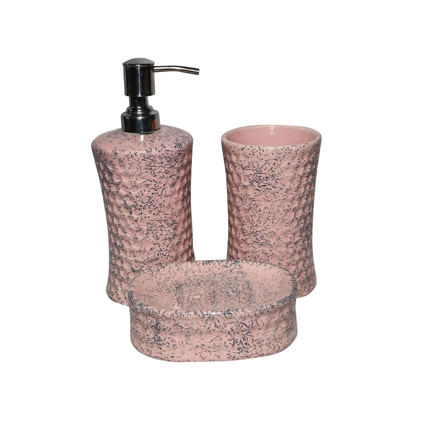 ArtistryBazaar 3.5"L x 3.5"W x 7.5"H inch pink ceramic bathroom decor set of 3, soap dispenser, toothbrush holder, & soap dish, designed for style and everyday use.