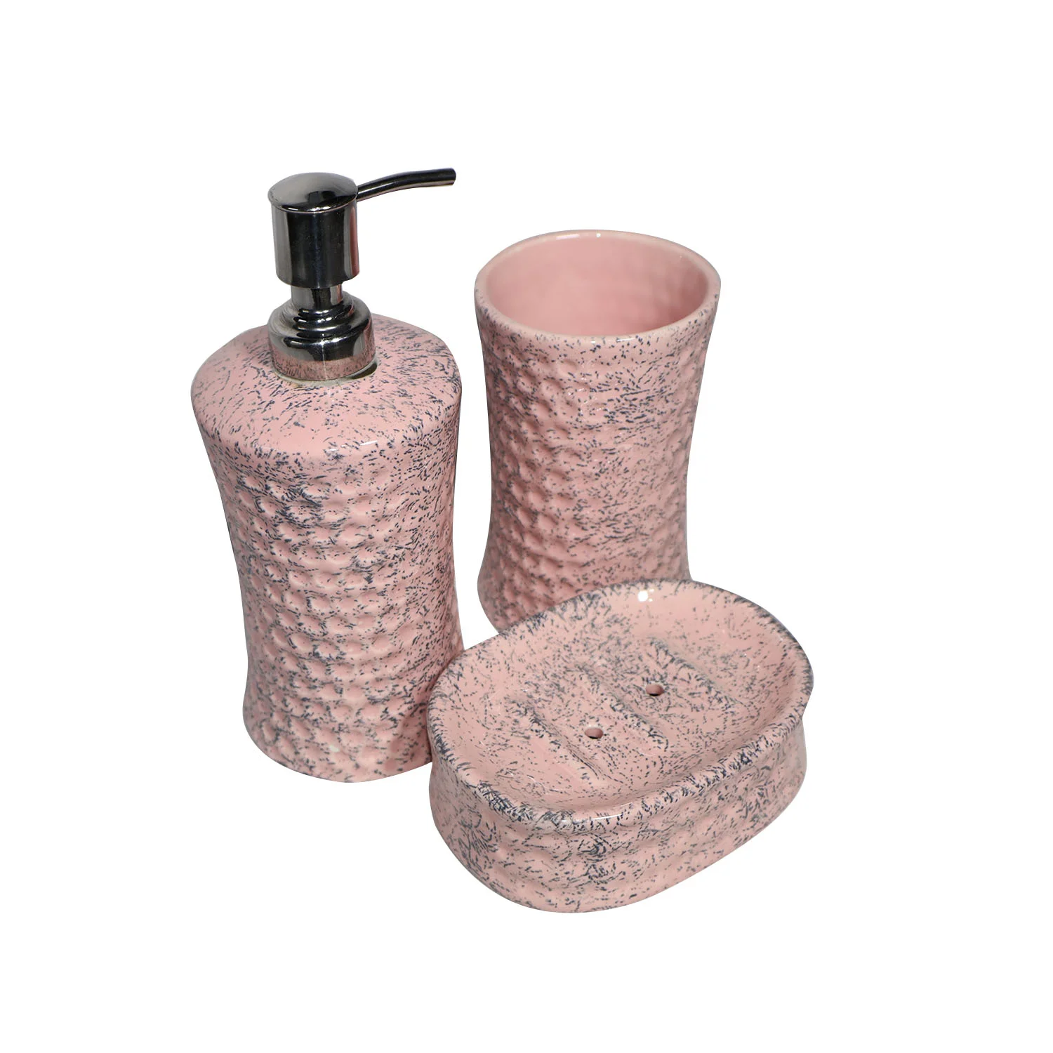 ArtistryBazaar 3.5"L x 3.5"W x 7.5"H inch pink ceramic bathroom decor set of 3, soap dispenser, toothbrush holder, & soap dish, designed for style and everyday use.